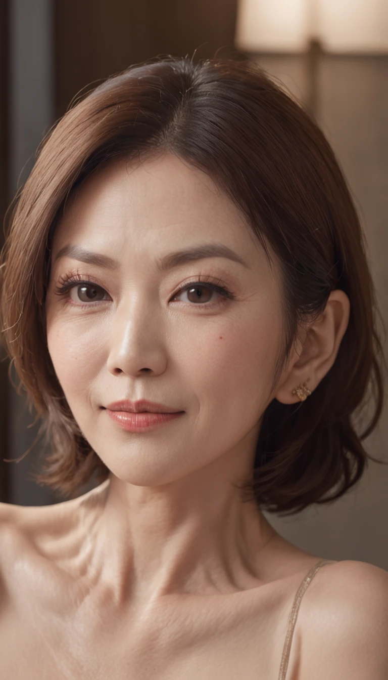 ((aunt:0.9))、(Old face:0.9)、((Beautiful Japan 55 years old naked、kneeing on bed))、A smile、Laughter wrinkles、(((a scene from a movie、In a detailed luxury hotel、Beautiful Western-style suite background with luxurious décor)))、(Underwear with a lot of exposure)、Very small bra in black and very small panties in black、(Slender Body 1)(Colossal tits)(Saggy)、large cleavage of the chest,、Beautiful legs、Gravure photography、Photo Pose、(Shiny face、Sexy face、美丽的面容)、Wrinkles at the corners of the eyes、Shorthair、full body photographed、55-year-old married woman、real looking skin、Photo Real、Detailed picture、high-level image quality、、Precise images