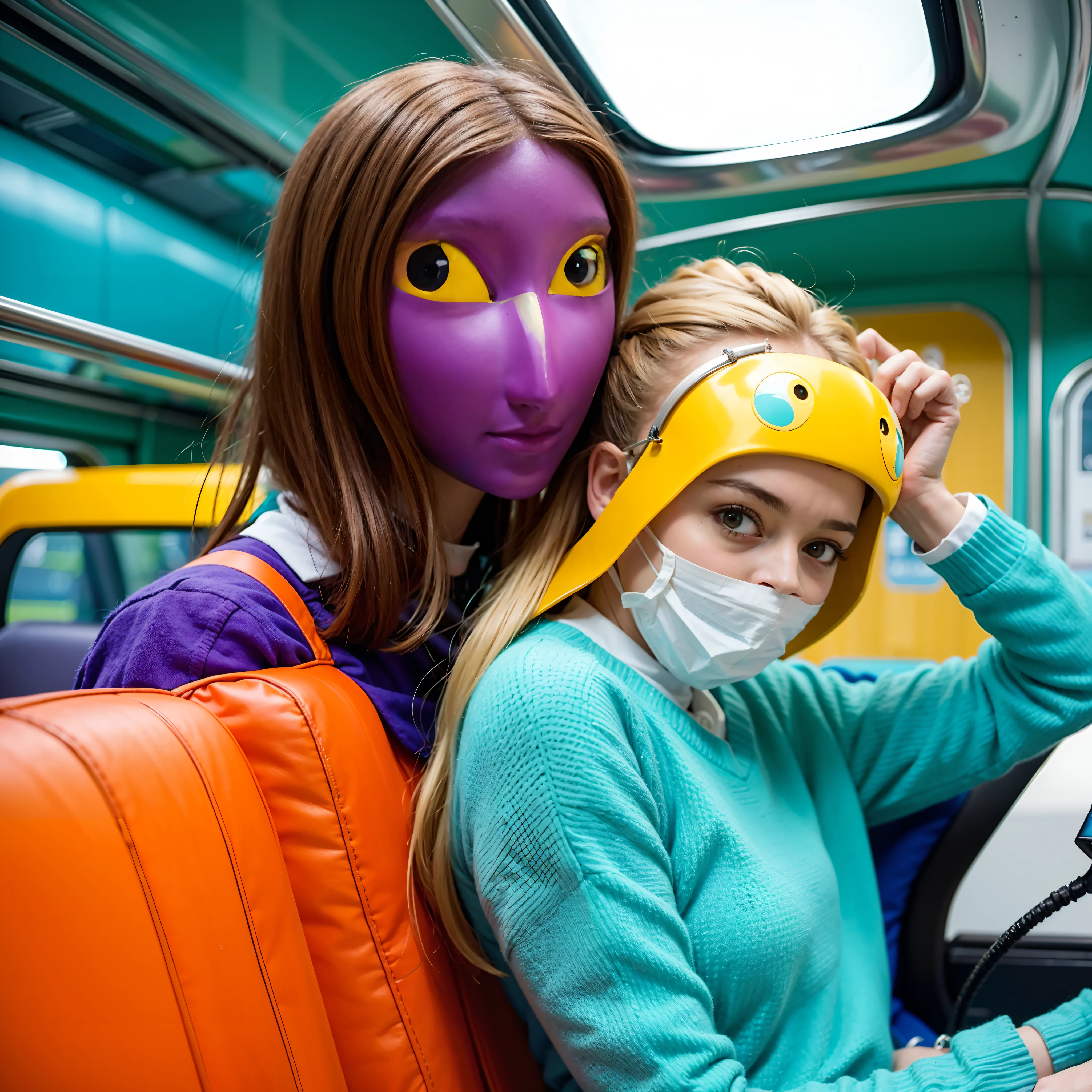 Two women in masks on a bus with a passenger, movie still of the alien girl, inspirado em Chris LaBrooy, the robot wearing her human mask, Fotografia Alexey Gurylev, bird mask, ainda de um filme live action, people are wearing masks, Jogo de Lula, Fotografia Alexey Kurylev, filme ainda 8K, foto colorida, foto de retrato