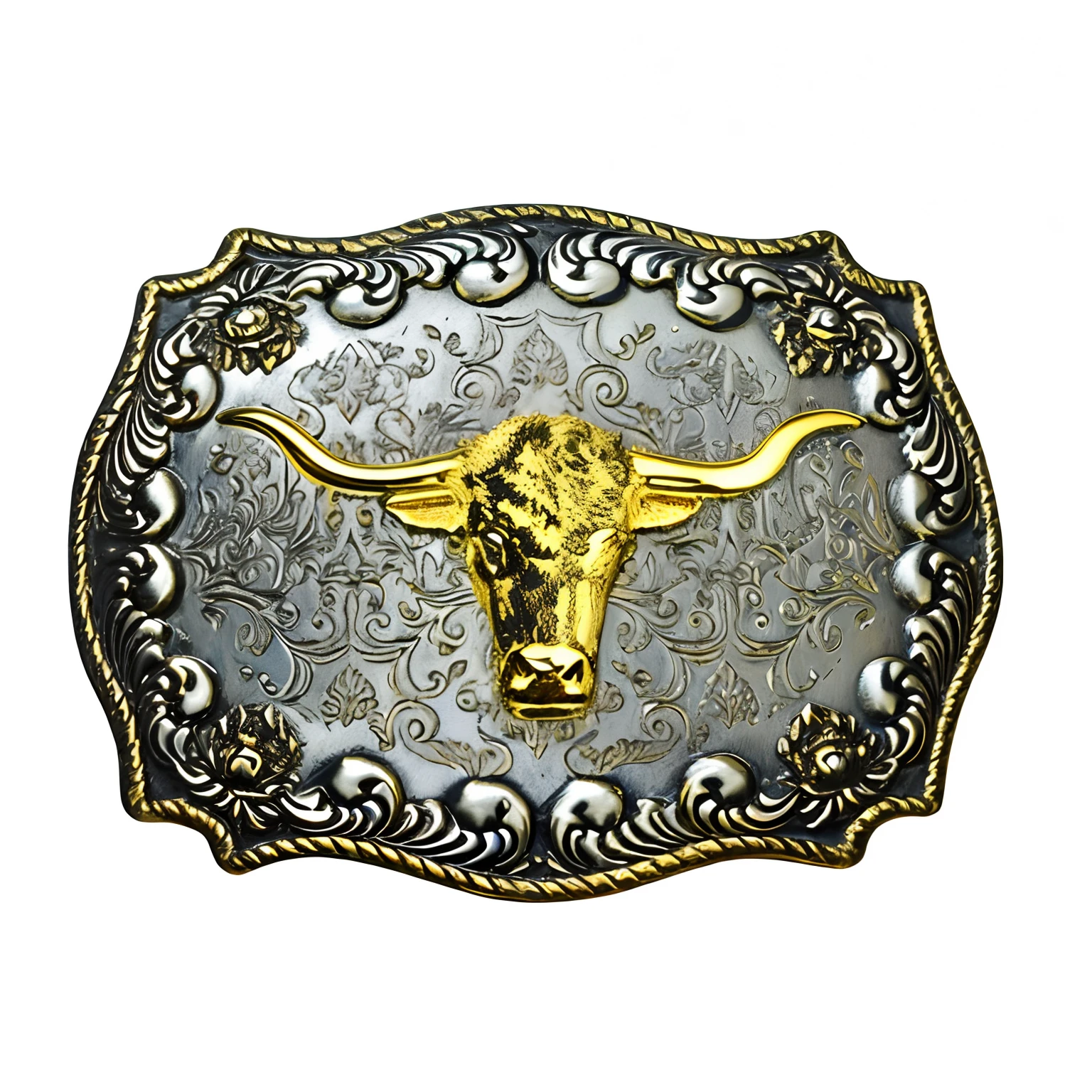 Close-up of belt buckle with bull's head,Silvertone,golden trim,Shiny silver,golden trim,taur,belt,metals,buffalo,Taurus,flat shaped chrome relief,gold,golden taurus