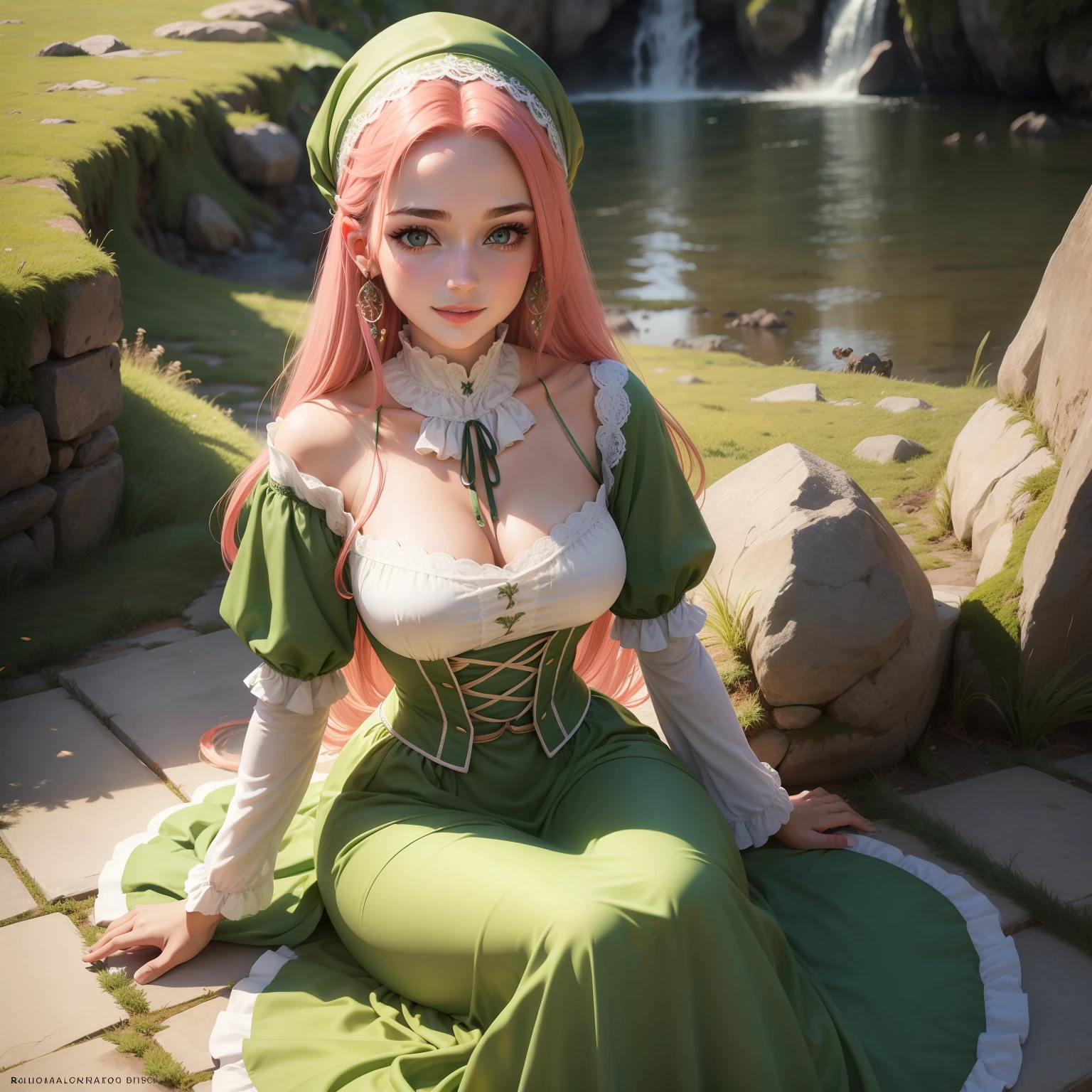 best quality, (masterpiece:1.2), illustration, absurdres, (1girl, solo), (beautiful detailed girl),, Aeolia, lilac hair, long hair, red eyes, medium breasts,, happy, cheerful,, green hat, hat with feather ornament, green dress, green coat, (fantasy:1.1) (medieval:1.1) outfit, (black_pantyhose:1.1), white shirt, brown shorts, fleece lined boots, brown boots,, magical forest, flowers, fairy ring, ancient ruins, stone ruins, lake, sky, clouds