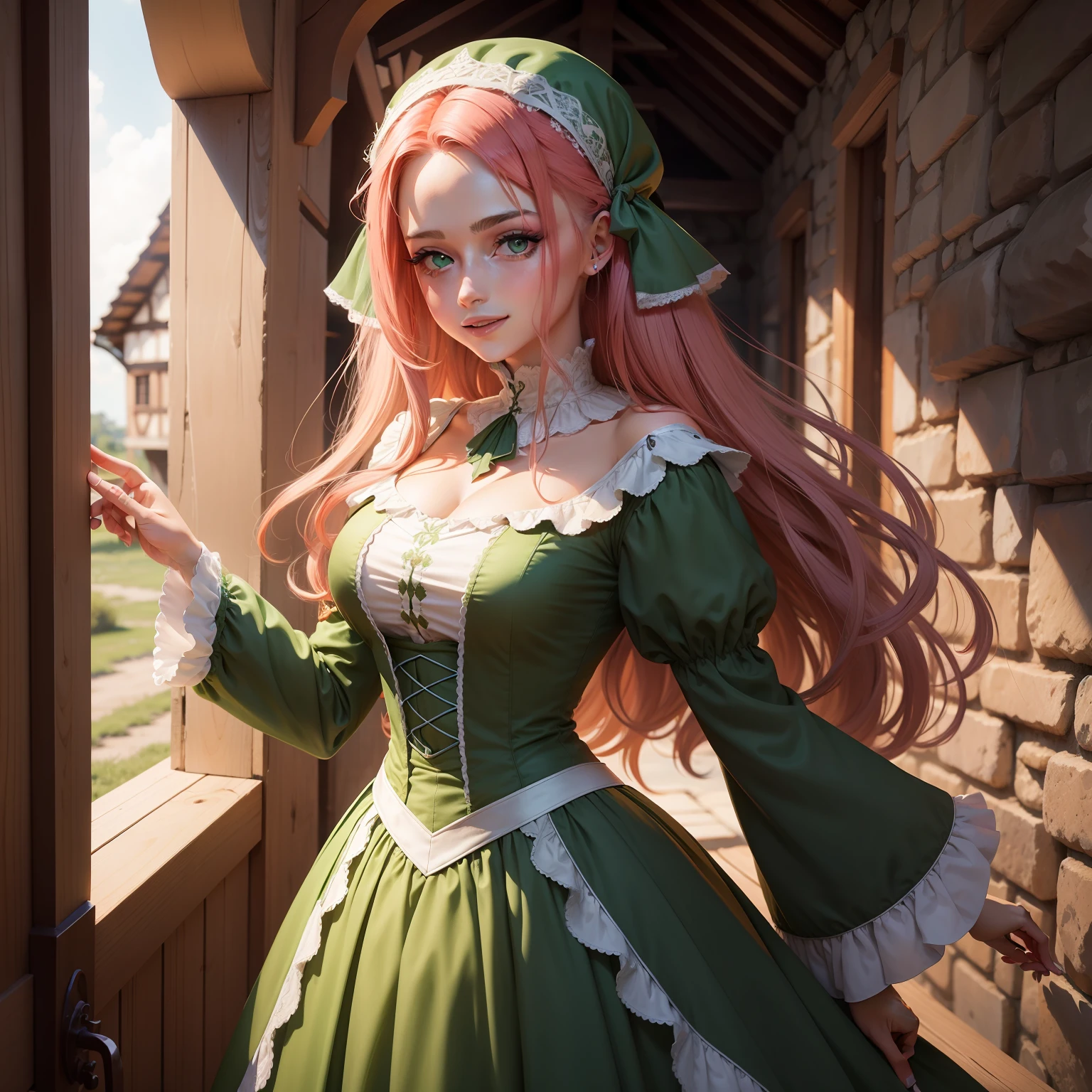 Mulher,roupa vestido branco simples medieval surrado, cabelos vermelhos, olhos verdes, sorriso, corada,