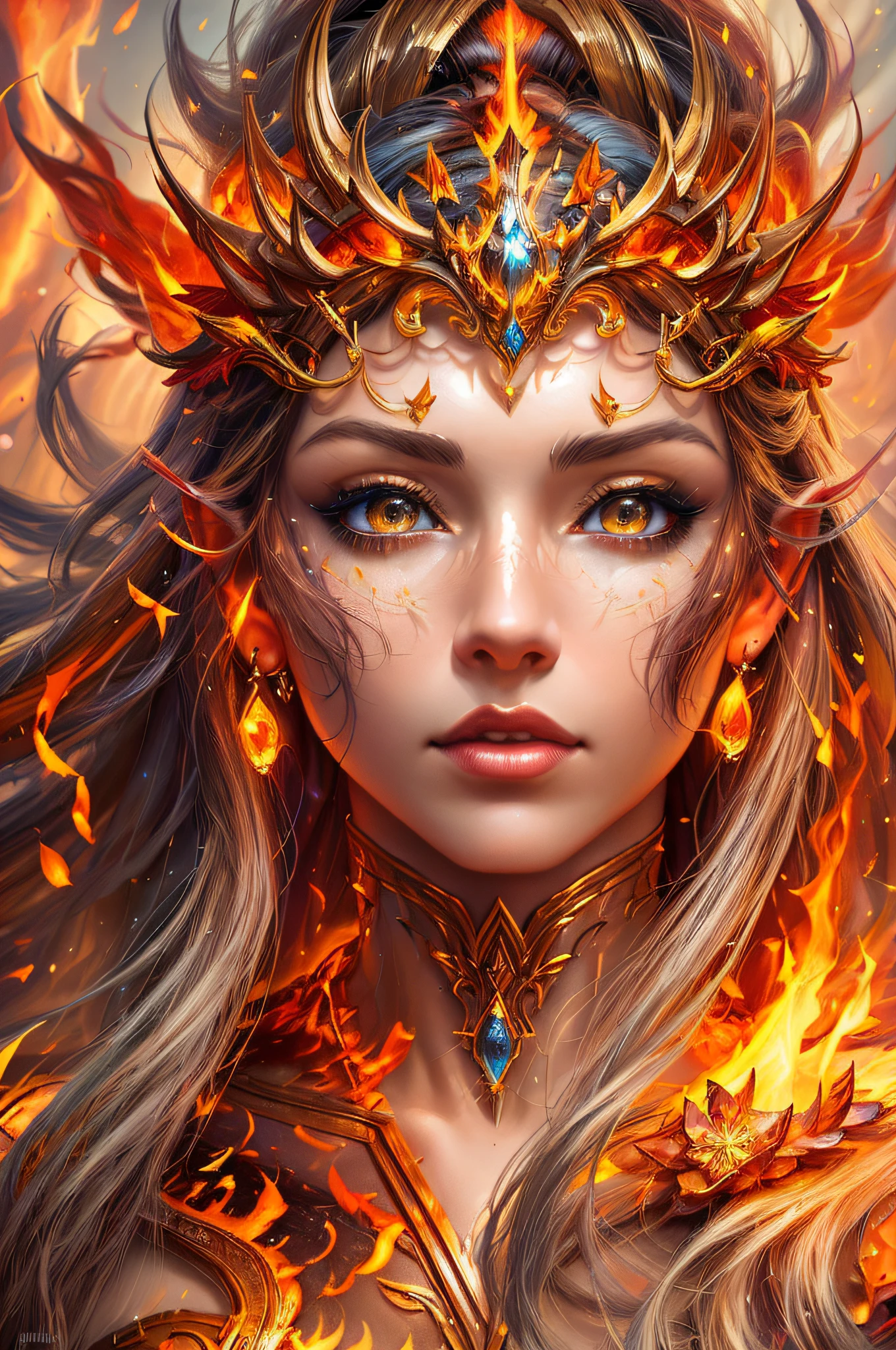 a woman with a crown on her head and fire around her, karol bak uhd, 4k fantasy art, epic fantasy art style hd, detailed fantasy digital art, goddess of fire, epic fantasy art portrait, detailed fantasy art, epic fantasy digital art style, hd fantasy art, fantasy art behance, epic fantasy art style, 8k fantasy art