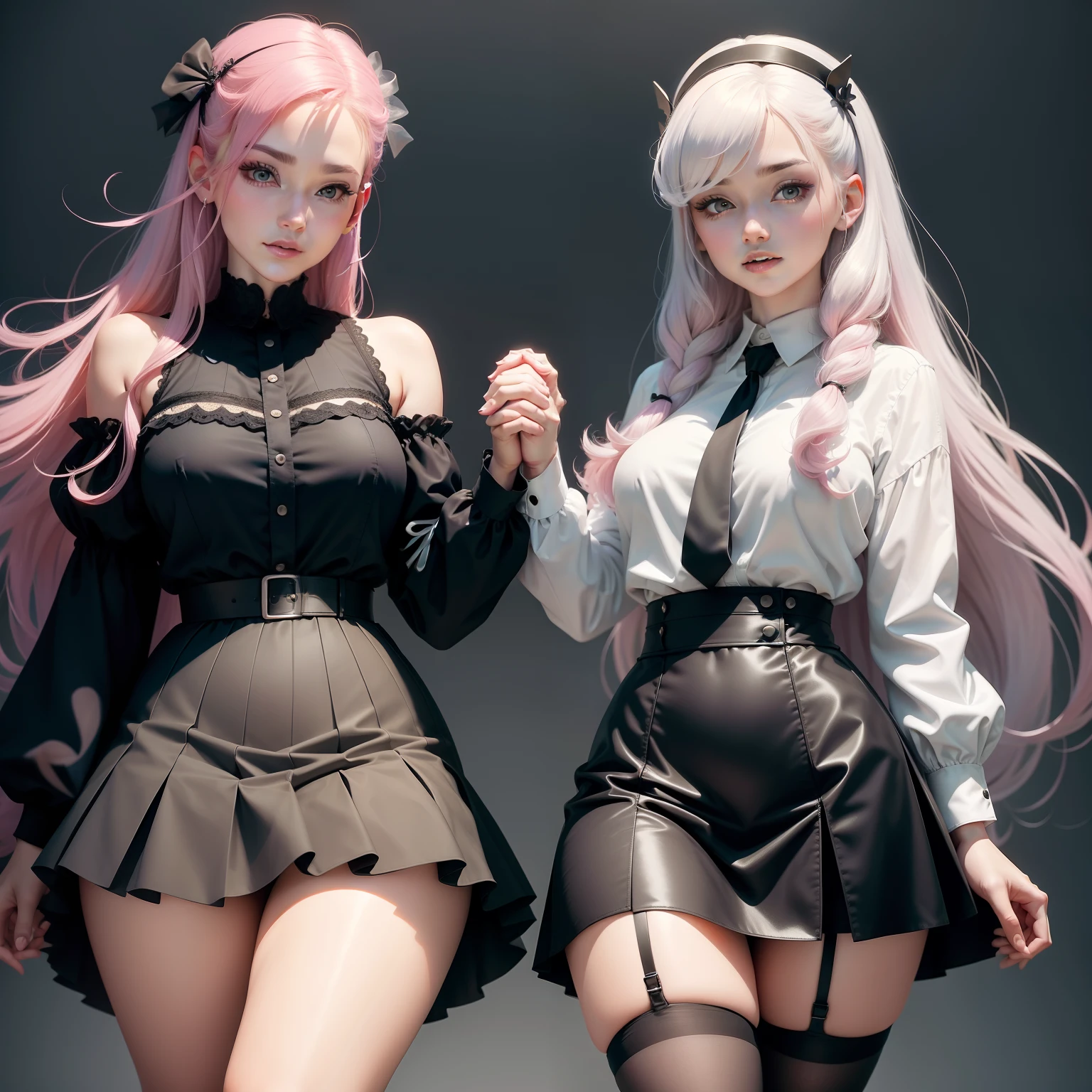 Two beautiful women，The face is delicate，adolable，The woman on the left has pink hair，Wearing a JK skirt，Black stockings on the legs，The woman on the right has white hair，is wearing  dress，Black stockings on the legs，The two held hands，Whole person picture，1:1，Ultra-detailed face。schools，Virtual background。The two hugged together，In the kiss