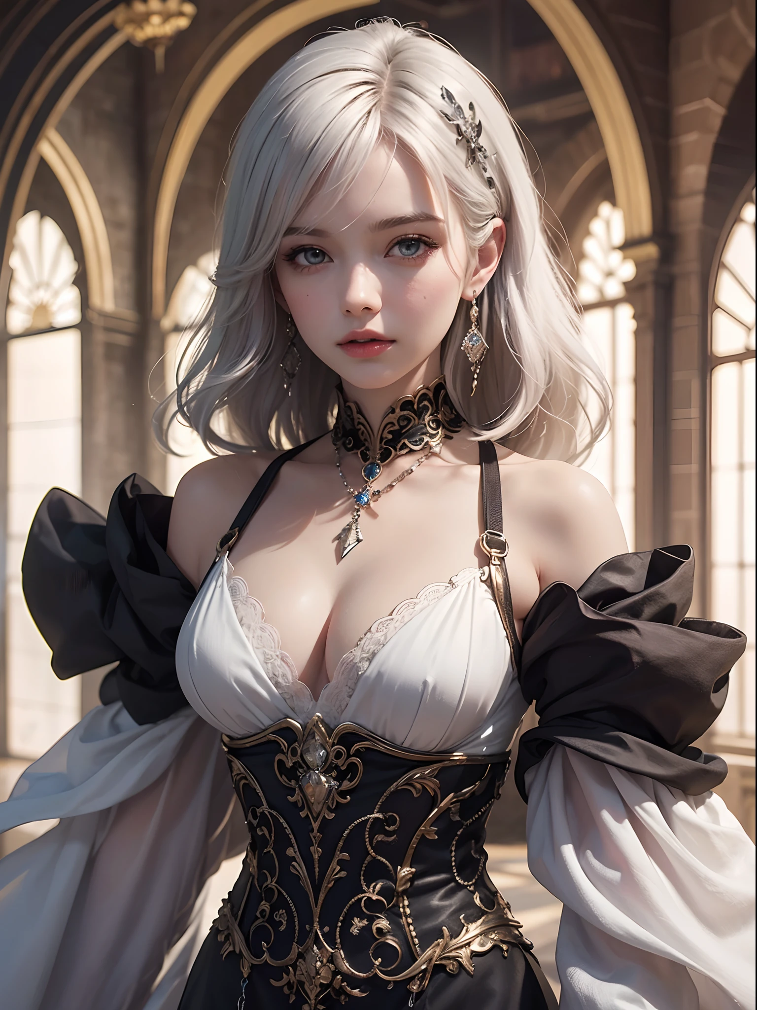 Unbeatable masterpiece, Ultra photo realsisim, Perfect artwork, Intricate details, Best quality, Strong light,High contrast,(Extremely detailed Cg Unity 8K wallpaper .Masterpiece , (((Best quality))) , ultradetailed , Beautiful detailed eyes:1.2)((Extremely detailed))) , Highly detailed and beautiful , small detailed , Ultra detailed , best qualtiy , Intricate , 4K , 8K , Trend Art Station , Good anatomy , beautiful light up , Award-winning , jewelry , dress , Breasts , Earrings , separated sleeves , Black gloves , cleavage , White hair .Long sleeves , bangs , Medium breasts