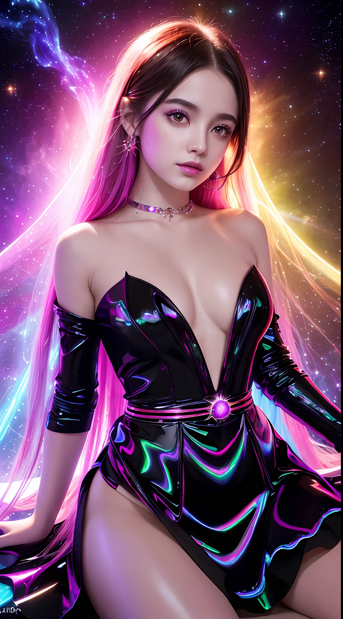 4K ultra hd, masterpiece, a girl with a magical aura, good face, long hair, shining hair, detailed eyes, glossy lips, wearing a dress in color black, aura around the body, magical effects, spreading red and yellow lights, Cosmic elements and ethereal atmosphere, A mix of bright lights and colorful nebulas, universe background, sitting, whole body capture.