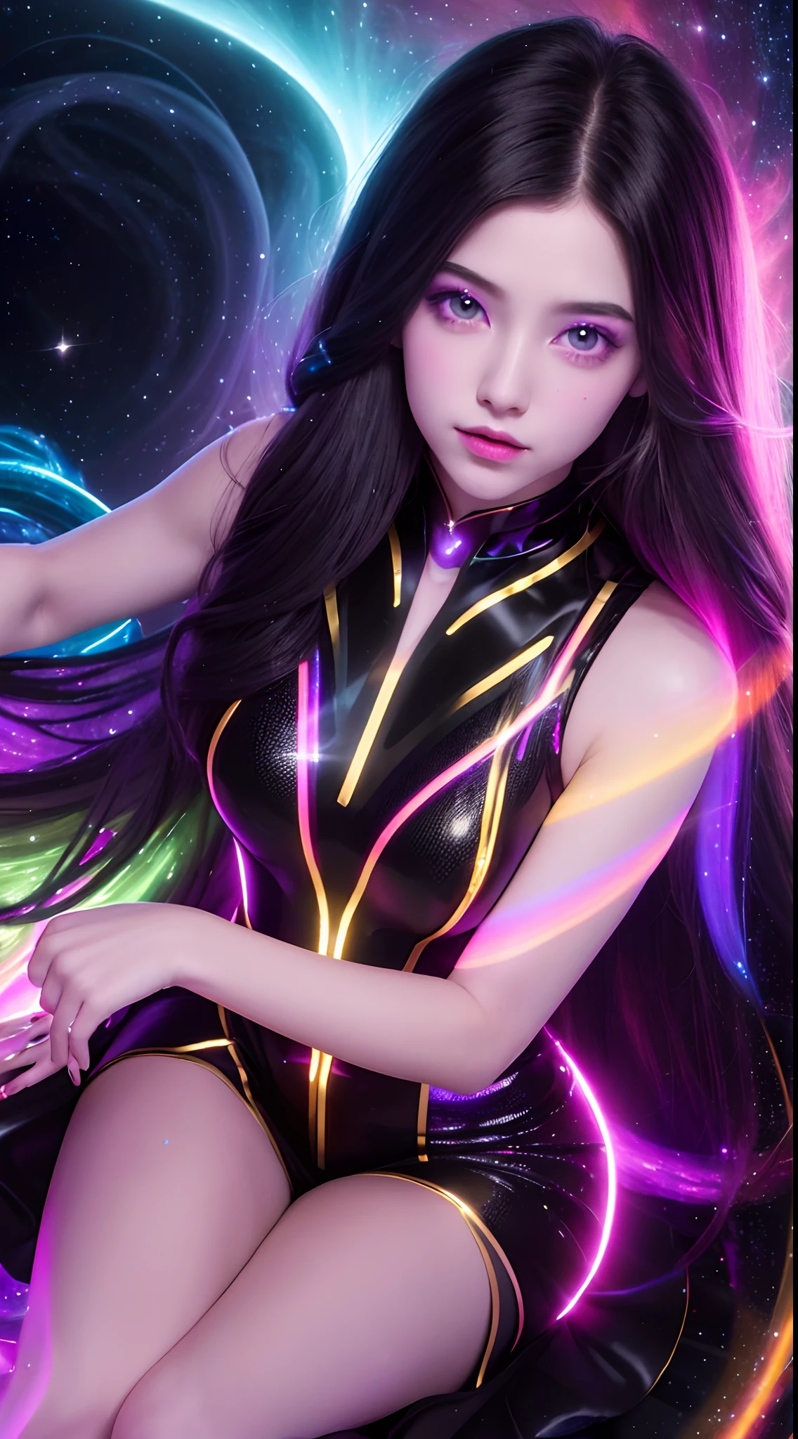 4K ultra hd, masterpiece, a girl with a magical aura, good face, long hair, shining hair, detailed eyes, glossy lips, wearing a dress in color black, aura around the body, magical effects, spreading red and yellow lights, Cosmic elements and ethereal atmosphere, A mix of bright lights and colorful nebulas, universe background, sitting, whole body capture.