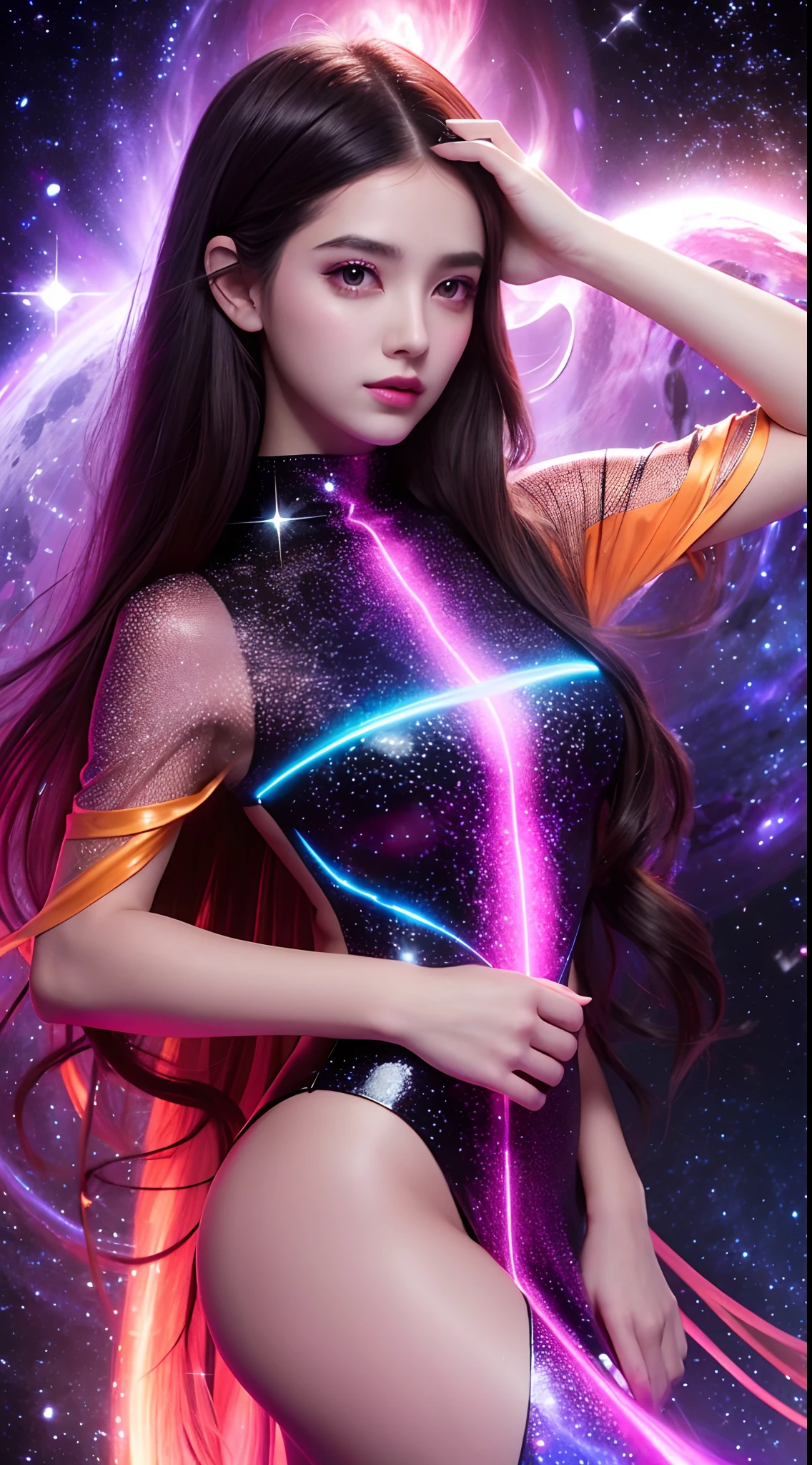 4K ultra hd, masterpiece, a girl with a magical aura, good face, long hair, shining hair, detailed eyes, glossy lips, wearing a dress in color black, aura around the body, magical effects, spreading red and yellow lights, Cosmic elements and ethereal atmosphere, A mix of bright lights and colorful nebulas, universe background, attractive pose, whole body capture.