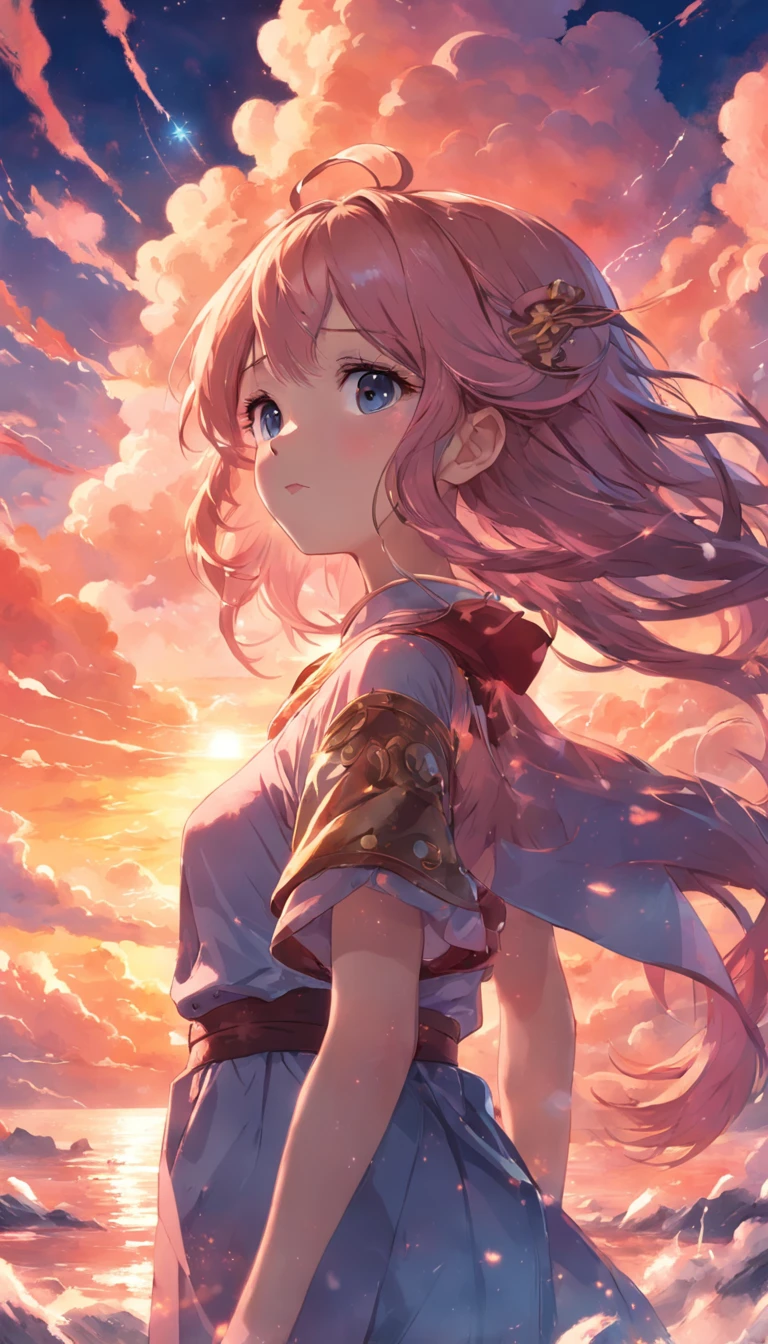 tmasterpiece,best qualtiy,cinematic Film still from,1girl,Colorful auspicious clouds,Kizi,Floating in the sky,closeup cleavage,brightly,cheerfulness,Warm and soft lighting,the sunset,(spark of light:0.7)