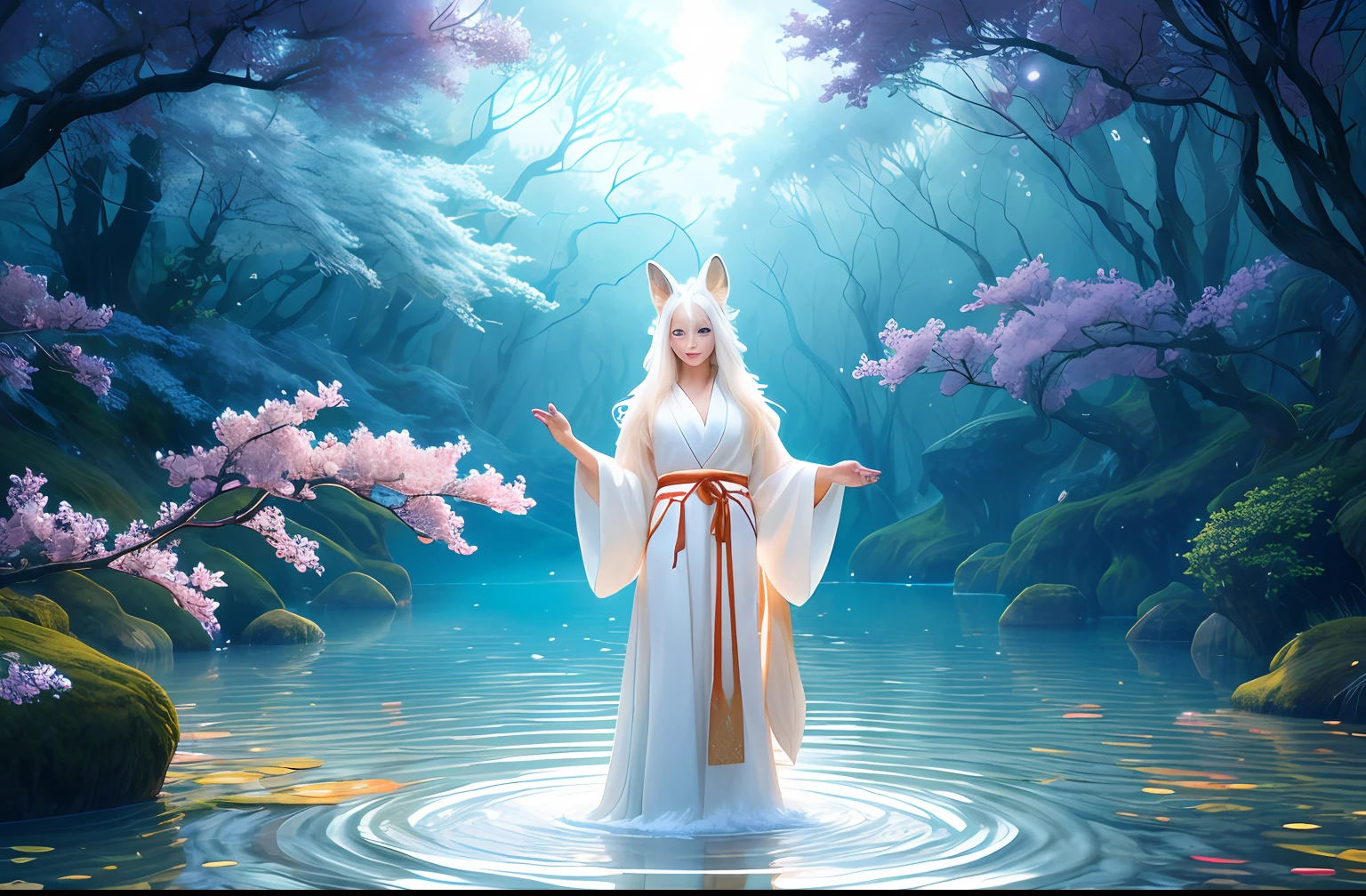 Arafed woman in white dress standing in water with her hands out ...