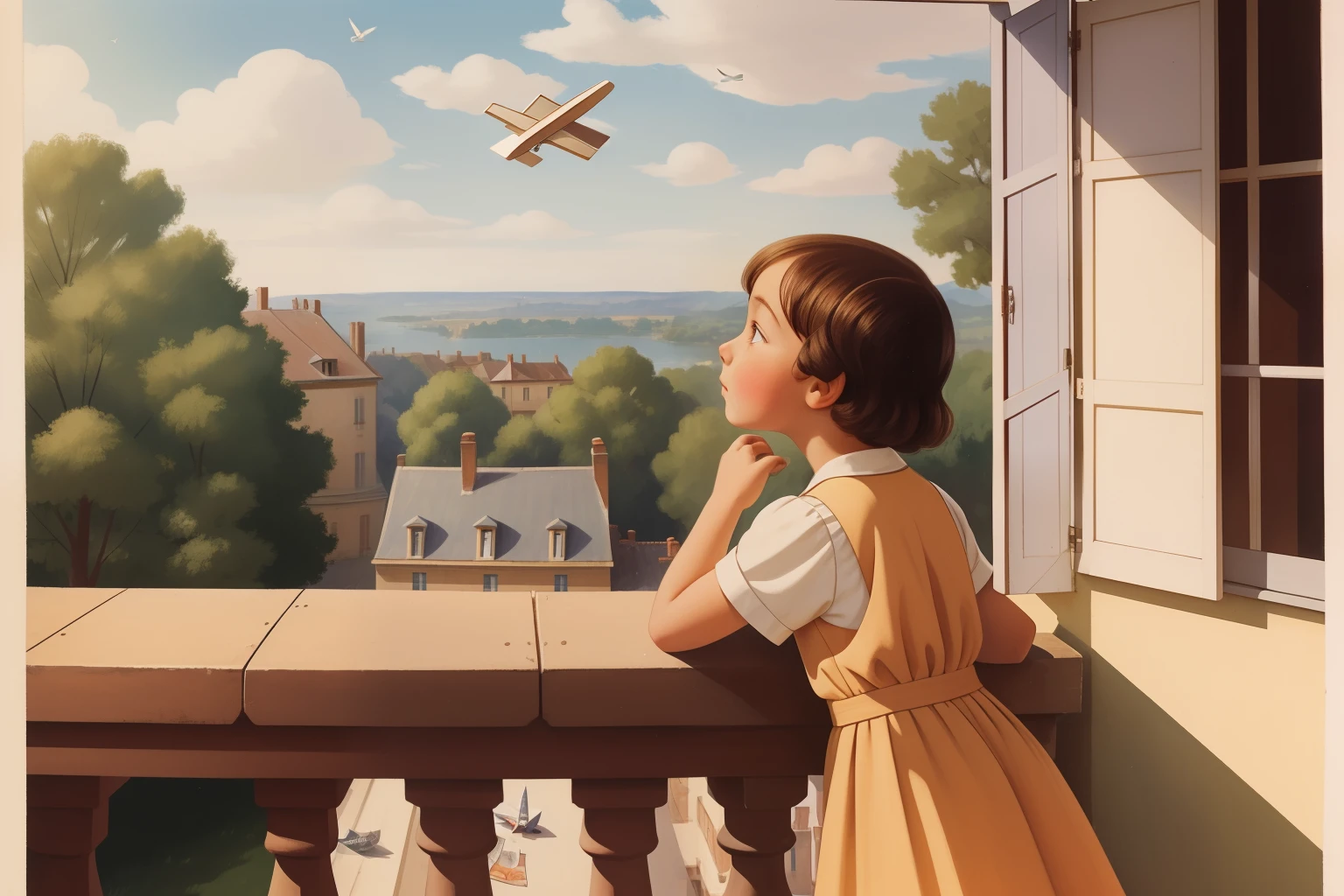 Date: 1930
Country: France
Description: A  leans over a French balcony, gazing at a paper airplane she has just launched into the bright afternoon sky.