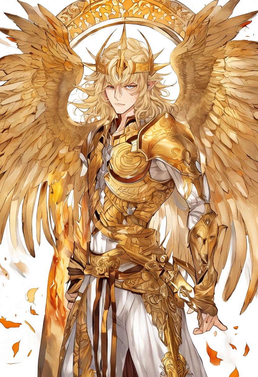 golden hair，King with scarlet eyes，Holding a giant golden holy sword，Burning flames，The angel wings behind him spread，Dressed in dark gold patterned armor，Decorated with sun patterns，Incarnation of the sun god Apollo，Flame Golden Crow
