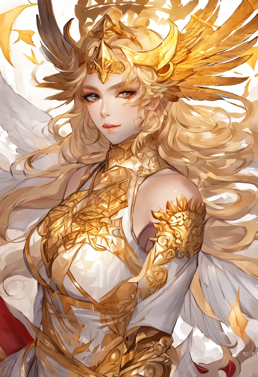 golden hair，King with scarlet eyes，Holding a giant golden holy sword，Burning flames，The angel wings behind him spread，Dressed in dark gold patterned armor，Decorated with sun patterns，Incarnation of the sun god Apollo，Flame Golden Crow