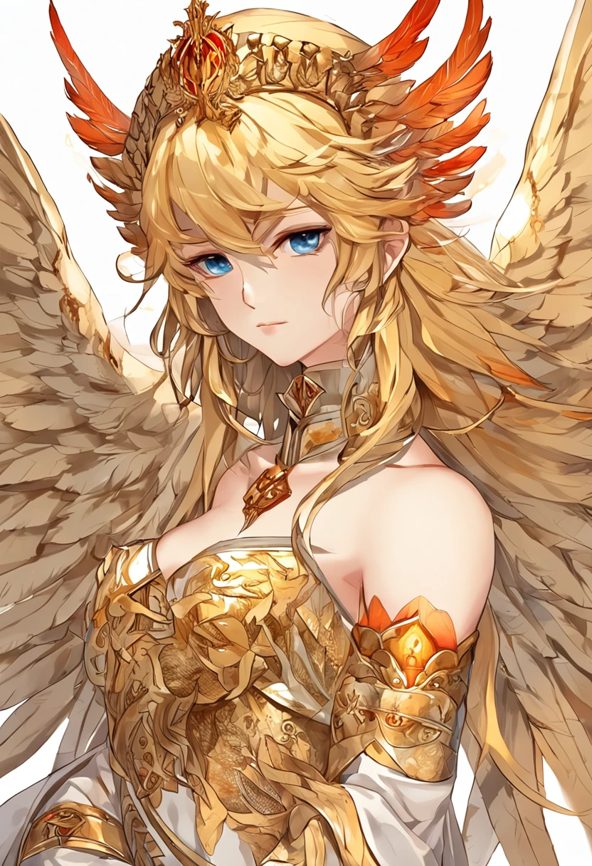 golden hair,King with scarlet eyes,Holding a giant golden holy sword,Burning flames,The angel wings behind him spread,Dressed in dark gold patterned armor,Decorated with sun patterns,Incarnation of the sun god Apollo,Flame Golden Crow