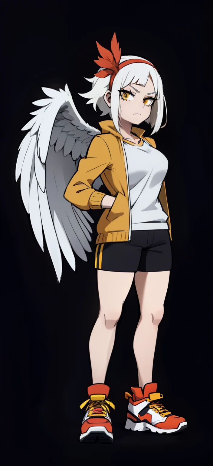 My Hero Academia Style, Anime Girl, Female, Trending on ArtStation Pixiv, (Full Body Shot: 0.5), Wide Hips, Wide Thighs, Large Breast, Pterodactyl Face, Short Hair, Ash White Hair, Yellow Eyes, Pterodactyl Snoot, pterodactyl crest, feathered wings on back, feathered wings, wings on back, white feathers, ash white plumage, green long-sleeved jacket, white shirt, black shorts, red sneakers, orange headband, orange headband, ribbon, gaze perky, smug, looking at viewer, super detailed, perfect anatomy,