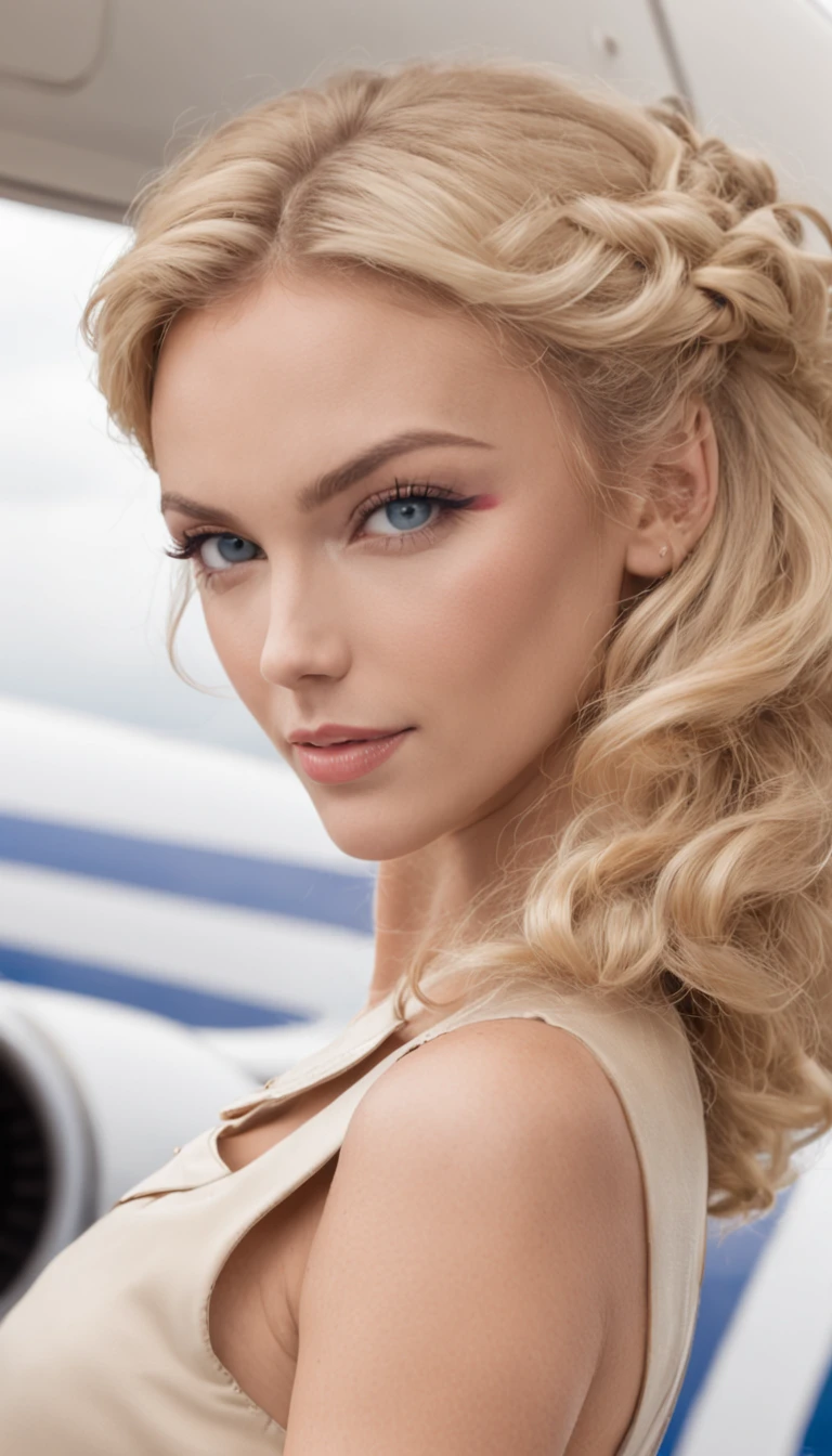 A beautiful blonde woman,curlies, Blue eyes, Tanned skin, Wearing a flight attendant costume, in an airplane, full bodyesbian