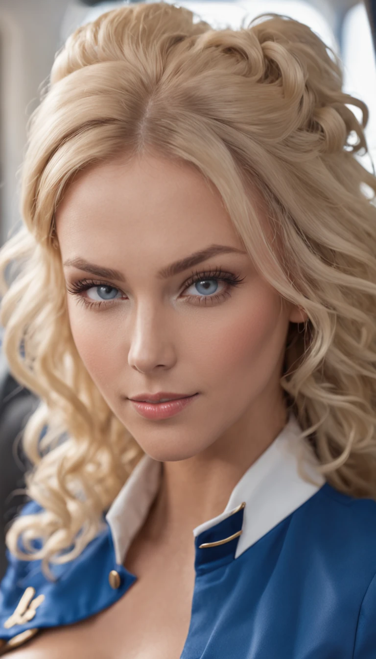 A beautiful blonde woman，curlies, Blue eyes, Tanned skin, Wearing a flight attendant costume, in an airplane, full bodyesbian