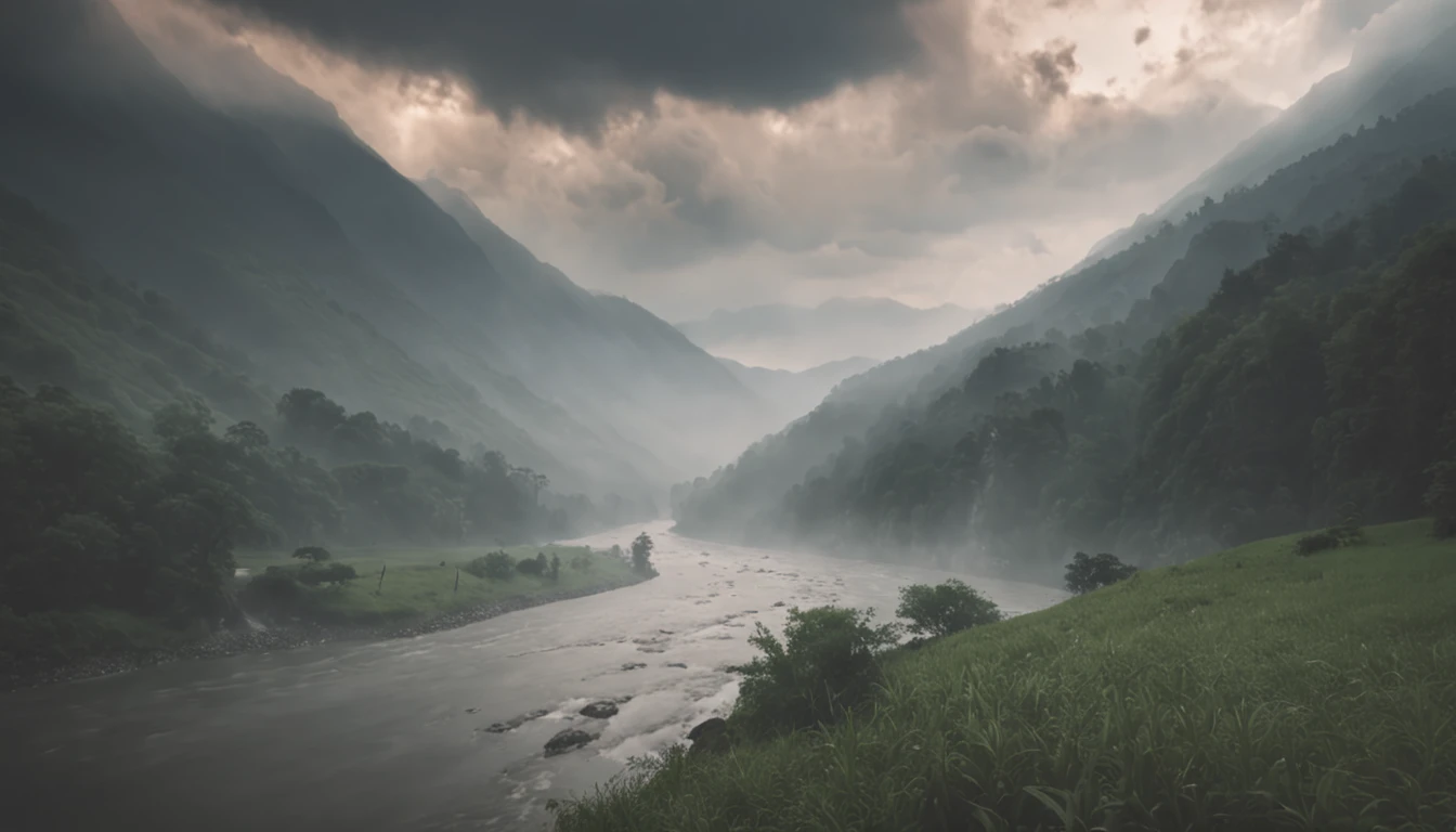 ghibli style, beautiful sky with mountains and river 4k wallpaper. Rainy and foggy atmosphere, evoking a moody and desolate future."