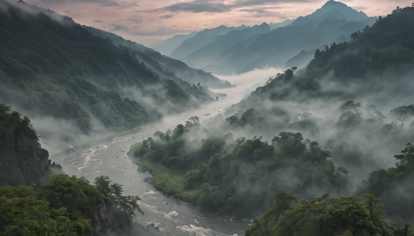 ghibli style, beautiful sky with mountains and river 4k wallpaper. Rainy and foggy atmosphere, evoking a moody and desolate future."