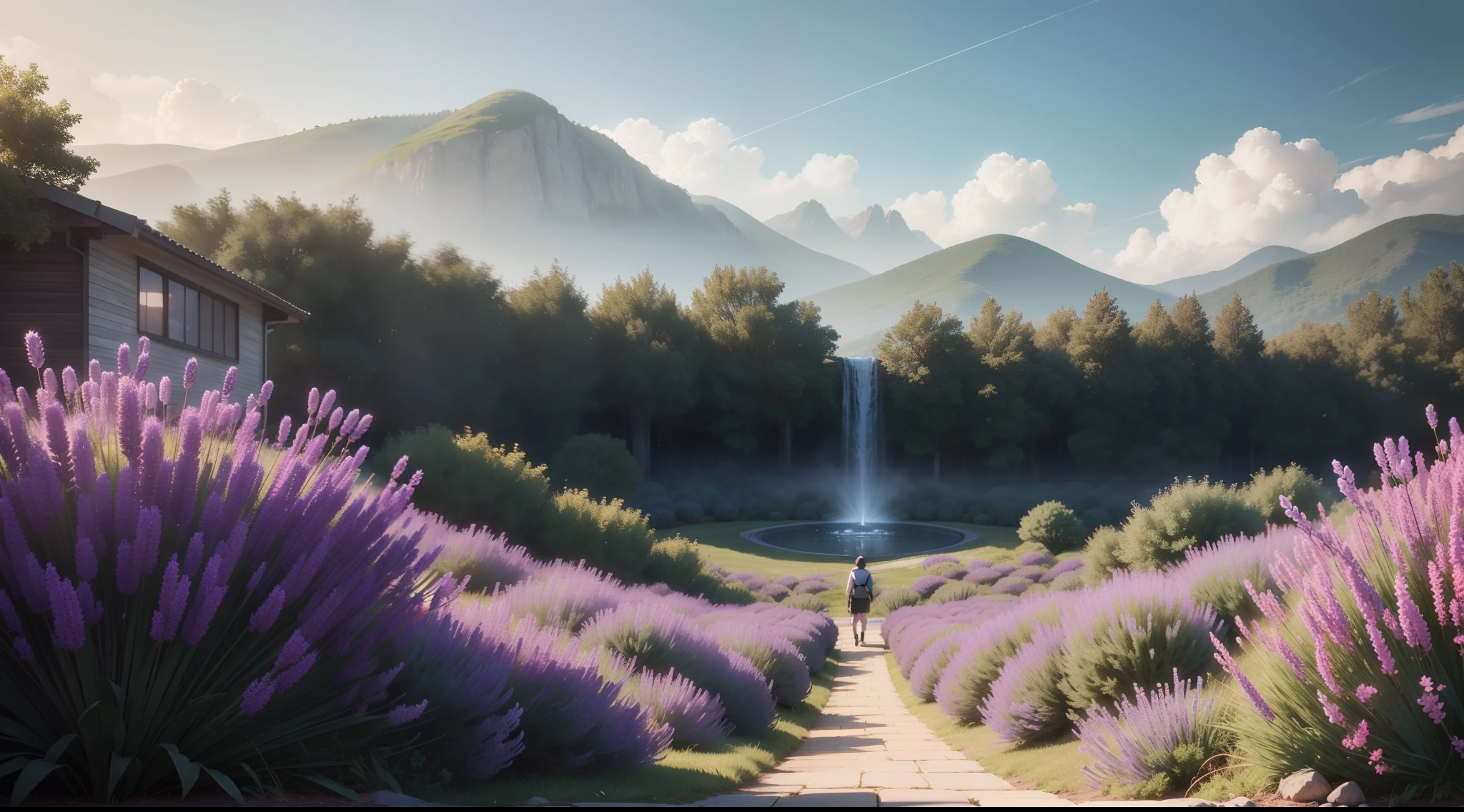 Heights,Pieces of lavender,rays of sunshine,from the distance,Full-HD,3Drenderingof,,visualization,Smooth and soft lighting,hyper realisitc,Skysky,archviz,Garden design,sharped image,Sony 1A,photoreali,unreal-engine,A cinematic scene,Ray traching,highly details,Full-HD,8K,4K,hyper realisitc,动态照明,