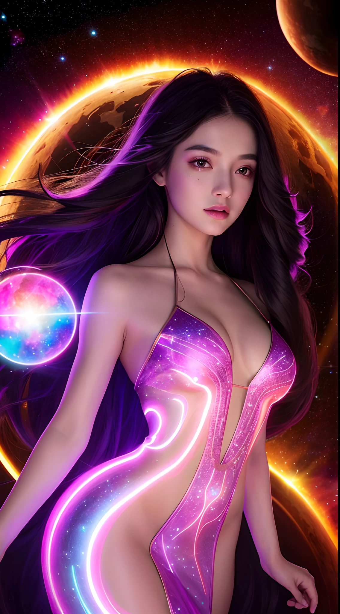 4K ultra hd, masterpiece, a girl with a magical aura, good face, long hair, shining hair, detailed eyes, glossy lips, wearing a dress in color black, aura around the body, magical effects, spreading red and yellow lights, Cosmic elements and ethereal atmosphere, A mix of bright lights and colorful nebulas, universe background, attractive pose, whole body capture.