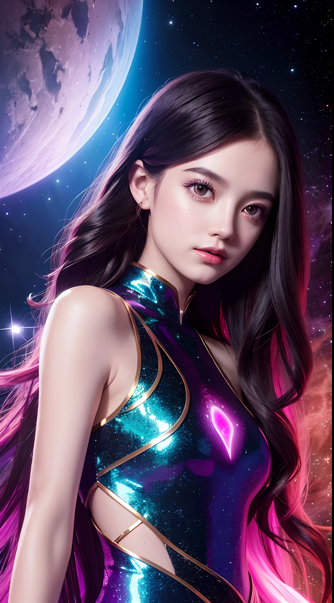 4K ultra hd, masterpiece, a girl with a magical aura, good face, long hair, shining hair, detailed eyes, glossy lips, wearing a dress in color black, aura around the body, magical effects, spreading red and yellow lights, Cosmic elements and ethereal atmosphere, A mix of bright lights and colorful nebulas, universe background, attractive pose, whole body capture.