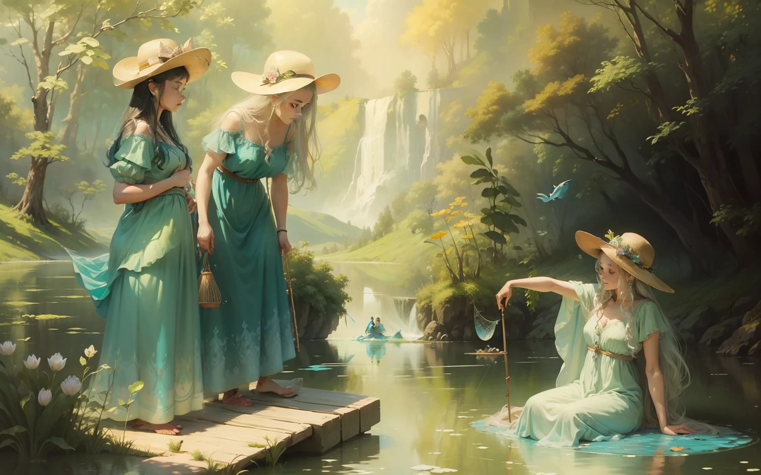 oil painting ladies in a lake, fairies and tiny fish and nets, fishing 24k resolution great detail, water turquoise, airy, mystical mythology of mist, pastels