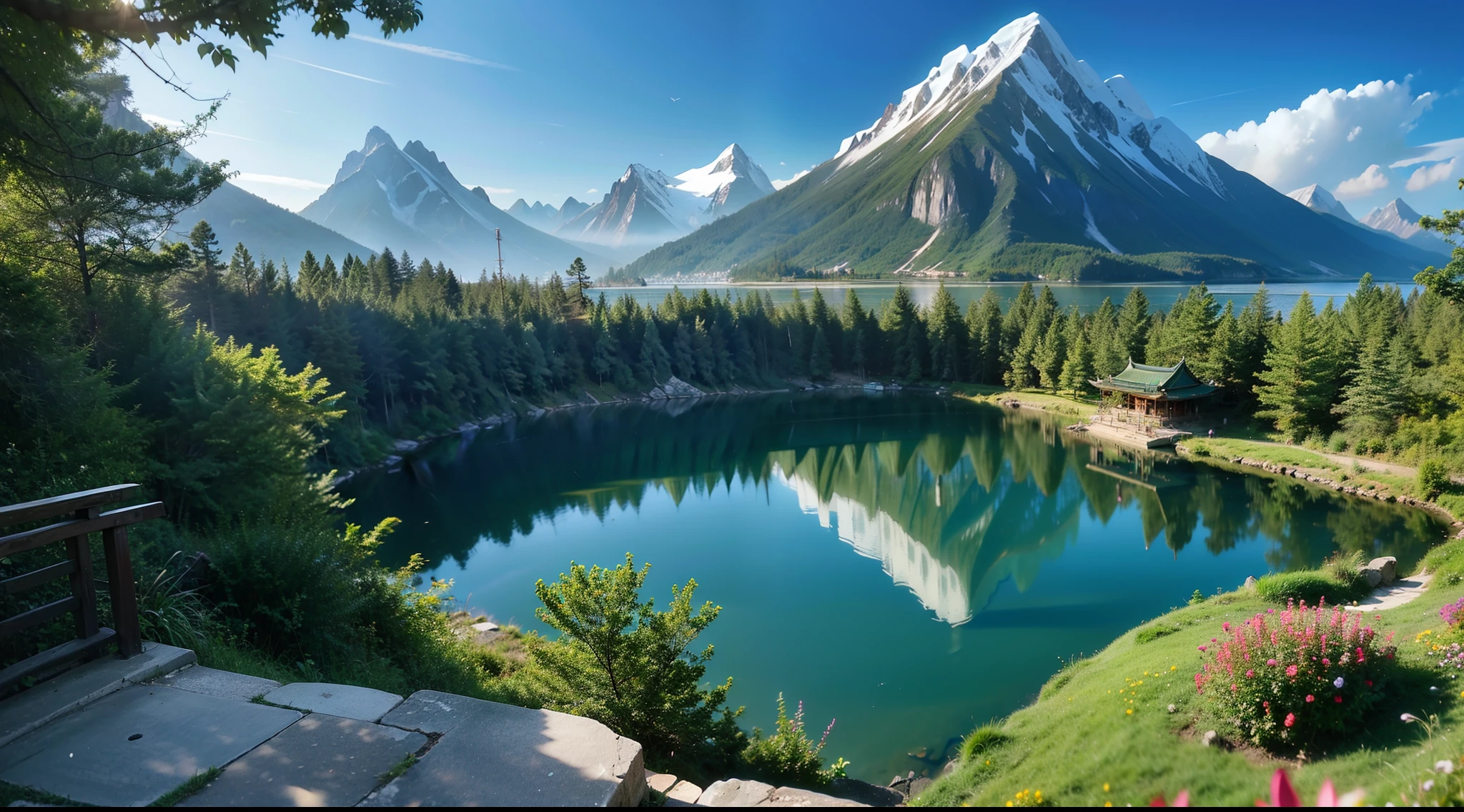 Kunlun Mountain, The peaks of the Senshan Mountains, Towering over the landscape, Clear lake, Verdant leaves, Sparkling lake water, Peculiar rocks, Flying waterfalls, Xianqiao Canyon, The sea of flowers is gorgeous, Multicolored flowers, The aroma is fragrant, Stunning natural scenery, wonderland