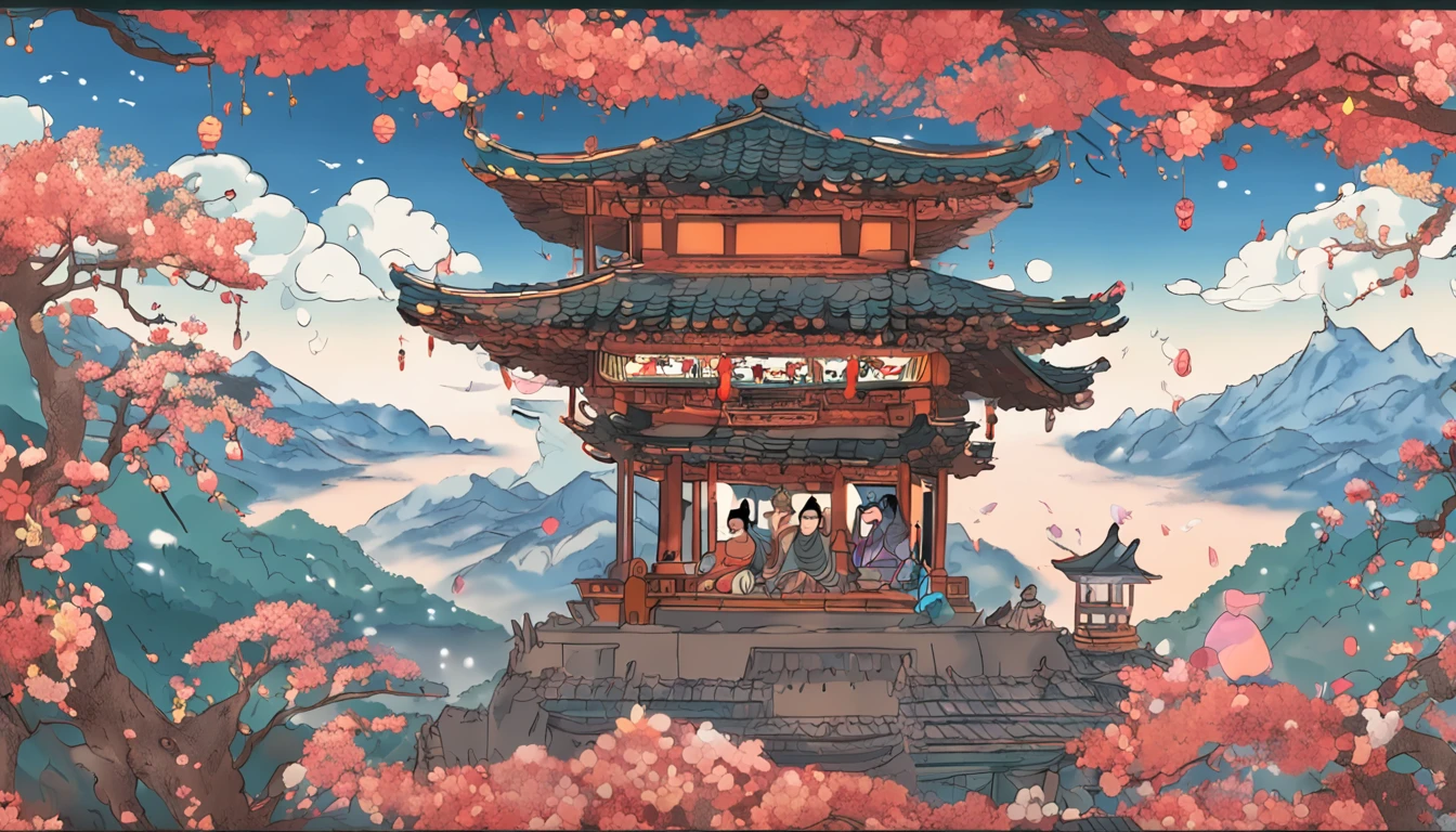 Ghibli style, The beautiful roof of the heavenly cave is draped under the painting flying sky for a week,Some bouquets,Some music,Make an offering to the Buddha。Two flying bodies on the north side of its eastern slope,The image posture is perfect。Both are in a bun,Wear a crown of beads,Shirtless,Necklace,Armornament,Face plump,Eyebrows are beautiful。Holding a flower plate in one hand,A phoenix head in one hand,Glyphs bloom on the Tiangong fence wall,Fly against the wind,The dress flutters,Long bands flying,Flying on the body,Flowers fall,Fly under the sky,Colorful clouds swirl,The momentum of the flying sky of the Tang Dynasty,But its flight dynamics are also vivid,Empty with mountains and rivers 4k wallpapers.Sunny and sunny atmosphere."