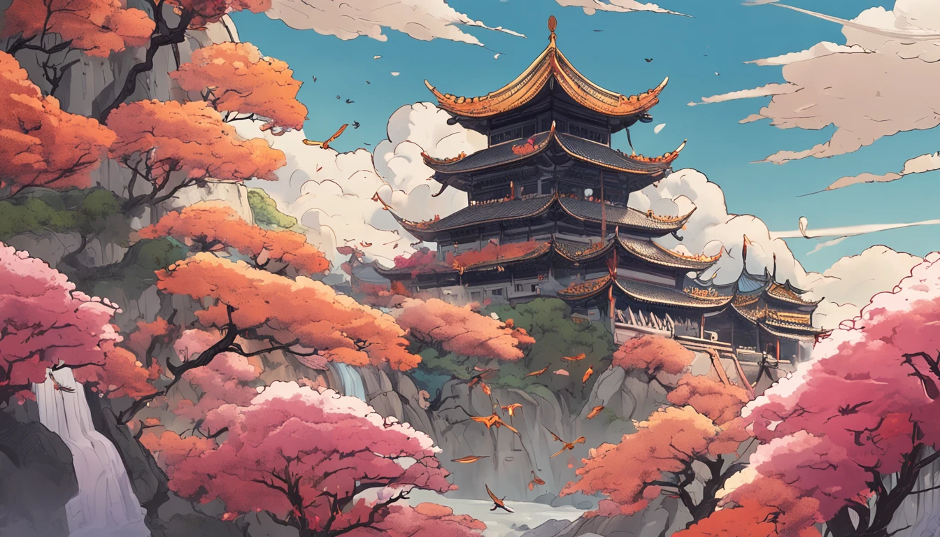 Ghibli style, The beautiful roof of the heavenly cave is draped under the painting flying sky for a week,Some bouquets,Some music,Make an offering to the Buddha。Two flying bodies on the north side of its eastern slope,The image posture is perfect。Both are in a bun,Wear a crown of beads,Shirtless,Necklace,Armornament,Face plump,Eyebrows are beautiful。Holding a flower plate in one hand,A phoenix head in one hand,Glyphs bloom on the Tiangong fence wall,Fly against the wind,The dress flutters,Long bands flying,Flying on the body,Flowers fall,Fly under the sky,Colorful clouds swirl,The momentum of the flying sky of the Tang Dynasty,But its flight dynamics are also vivid,Empty with mountains and rivers 4k wallpapers.Sunny and sunny atmosphere."