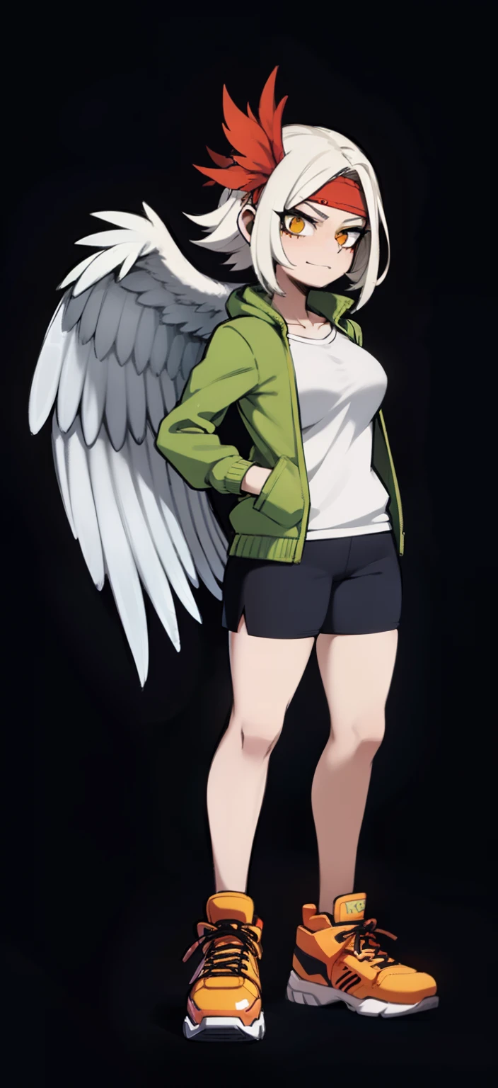 My Hero Academia Style, Anime Girl, Female, Trending on ArtStation Pixiv, (Full Body Shot: 0.5), Wide Hips, Wide Thighs, Large Breast, Pterodactyl Face, Short Hair, Ash White Hair, Yellow Eyes, Pterodactyl Snoot, pterodactyl crest, feathered wings on back, feathered wings, wings on back, white feathers, ash white plumage, green long-sleeved jacket, white shirt, black shorts, red sneakers, orange headband, orange headband, ribbon, gaze perky, smug, looking at viewer, super detailed, perfect anatomy,