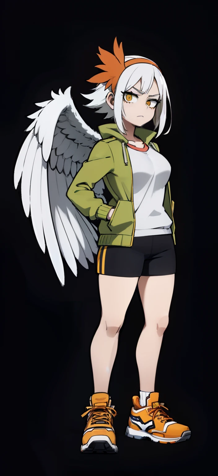 My Hero Academia Style, Anime Girl, Female, Trending on ArtStation Pixiv, (Full Body Shot: 0.5), Wide Hips, Wide Thighs, Large Breast, Pterodactyl Face, Short Hair, Ash White Hair, Yellow Eyes, Pterodactyl Snoot, pterodactyl crest, feathered wings on back, feathered wings, wings on back, white feathers, ash white plumage, green long-sleeved jacket, white shirt, black shorts, red sneakers, orange headband, orange headband, ribbon, gaze perky, smug, looking at viewer, super detailed, perfect anatomy,