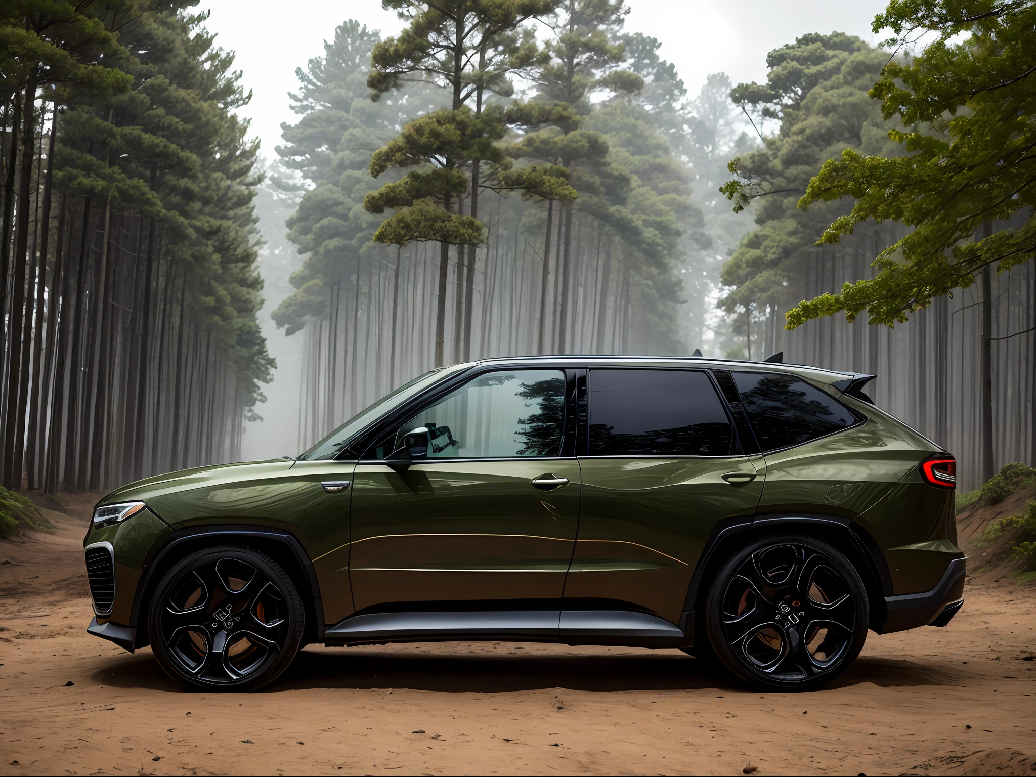 SUV，All-in-one medium grid，  tmasterpiece， Best quality at best， high qulity， realistic scene， A high resolution， Sharp， on focus， 4K， Very detailed， forest backgrou，Excellent image quality，The body line is tough。Straight waistline。lots of trees around，earthy。