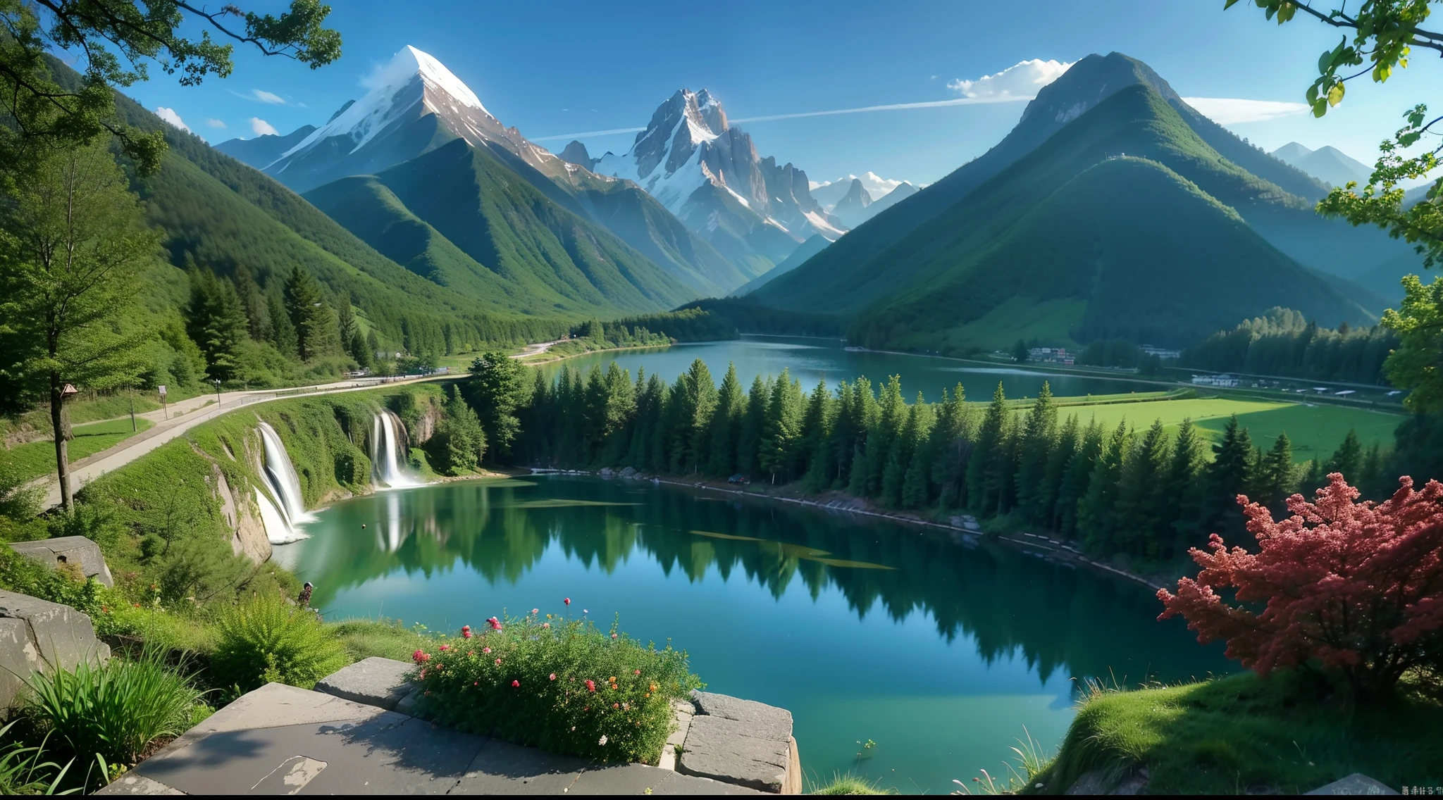 Kunlun Mountain, The peaks of the Senshan Mountains, Towering over the landscape, Clear lake, Verdant leaves, Sparkling lake water, Peculiar rocks, Flying waterfalls, Xianqiao Canyon, The sea of flowers is gorgeous, Multicolored flowers, The aroma is fragrant, Stunning natural scenery, wonderland