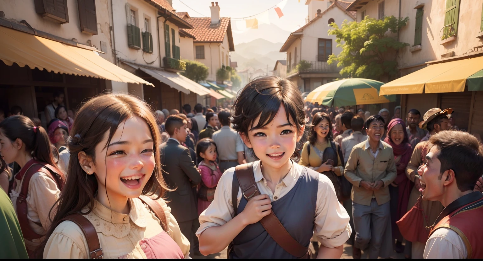 Many joyful people, cheerful people, happy people, smiling faces, village background, crowded, children , men and women, different ages, around handsome young boy Ethan