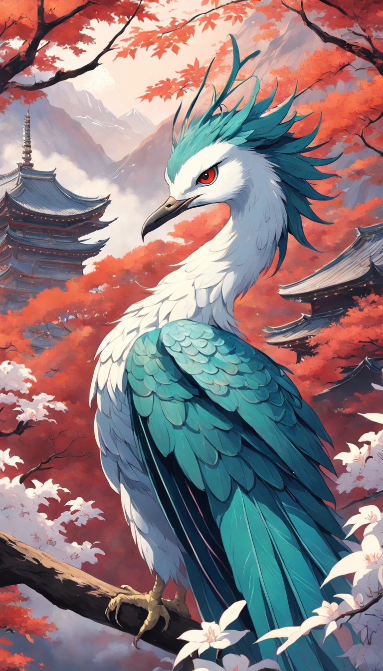 "The Japanese mythical bird Hō-ō or Fushichō in exquisite detail and amazing beauty, Show off its vibrant feathers and majestic presence. The intricate feathers shine with stunning colors, Exudes an ethereal sense of elegance. Hō-ō soars gracefully against the backdrop of tranquil landscapes, There is a hint of mystery in the air. The artwork captures the essence of this legendary creature, Convey its importance in Japanese folklore.+"