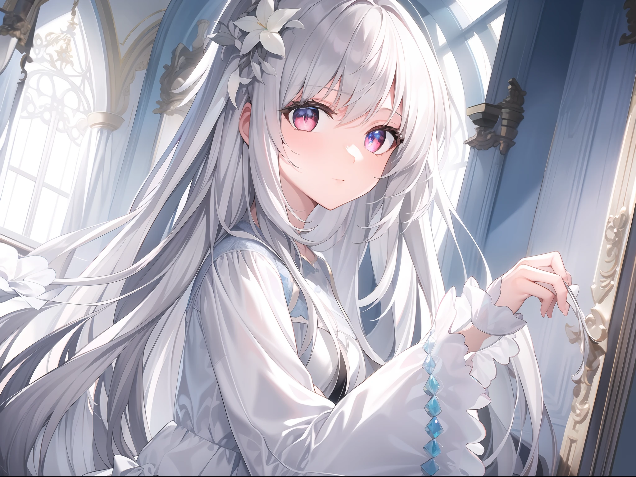 ((Masterpiece, Best quality))++, Detailed light+, Detail hair+, detail hand+ ,1girll, woman, Long hair, Crimson eyes, Beautiful eyes, Young gray hair,,(Beautiful white hair:1.5),(Beautiful detailed eyes), high resolution+, blacksilk , a black skirt, Glass tones, Reflective eyes, {{Angle}} , extremelydetailedwallpaper, Original, ,