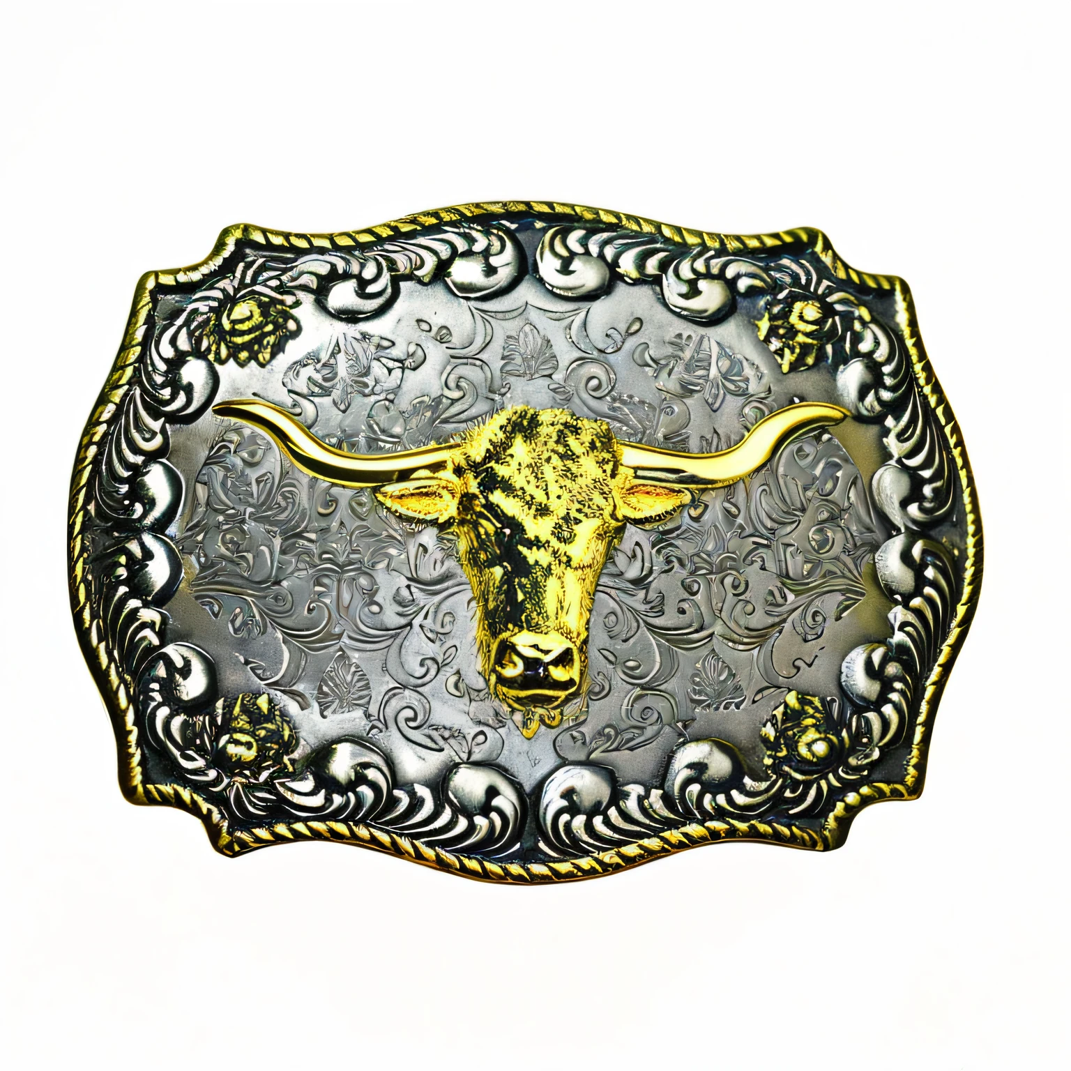 Close-up of belt buckle with bull's head,Silvertone,golden trim,Shiny silver,golden trim,taur,belt,metals,buffalo,Taurus,flat shaped chrome relief,gold,golden taurus