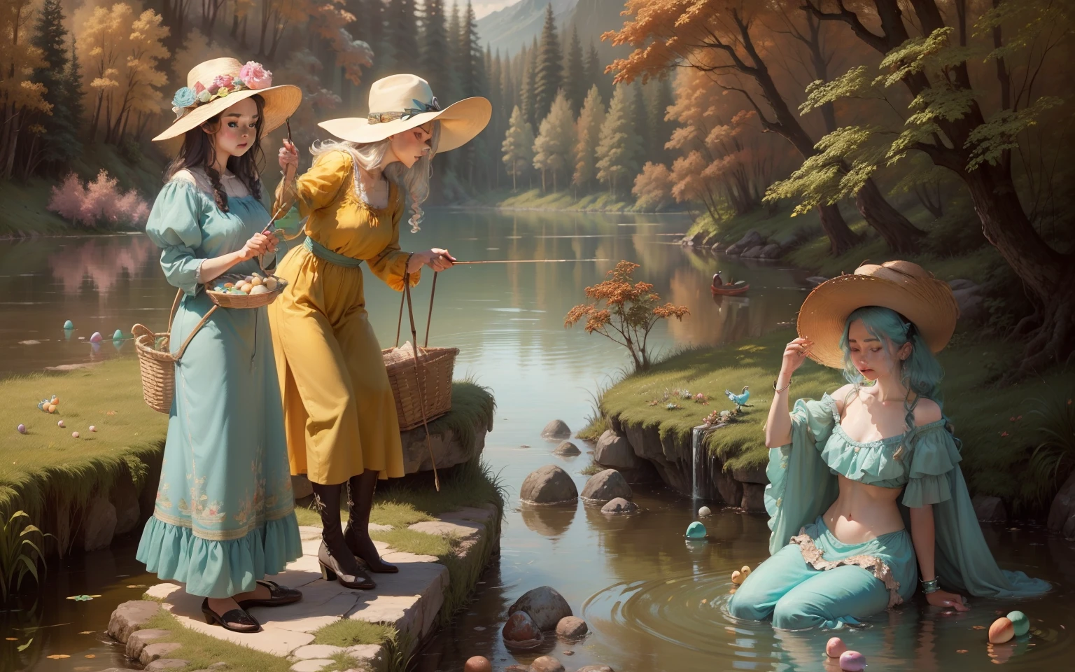 oil painting ladies in a lake, one lady partially nude her bottom half in gossamer, perfect symmetric identical eyes, perfectly beautiful faces, fairies and tiny fish and nets, fishing 24k resolution great detail, water turquoise, the color of easter, pastels