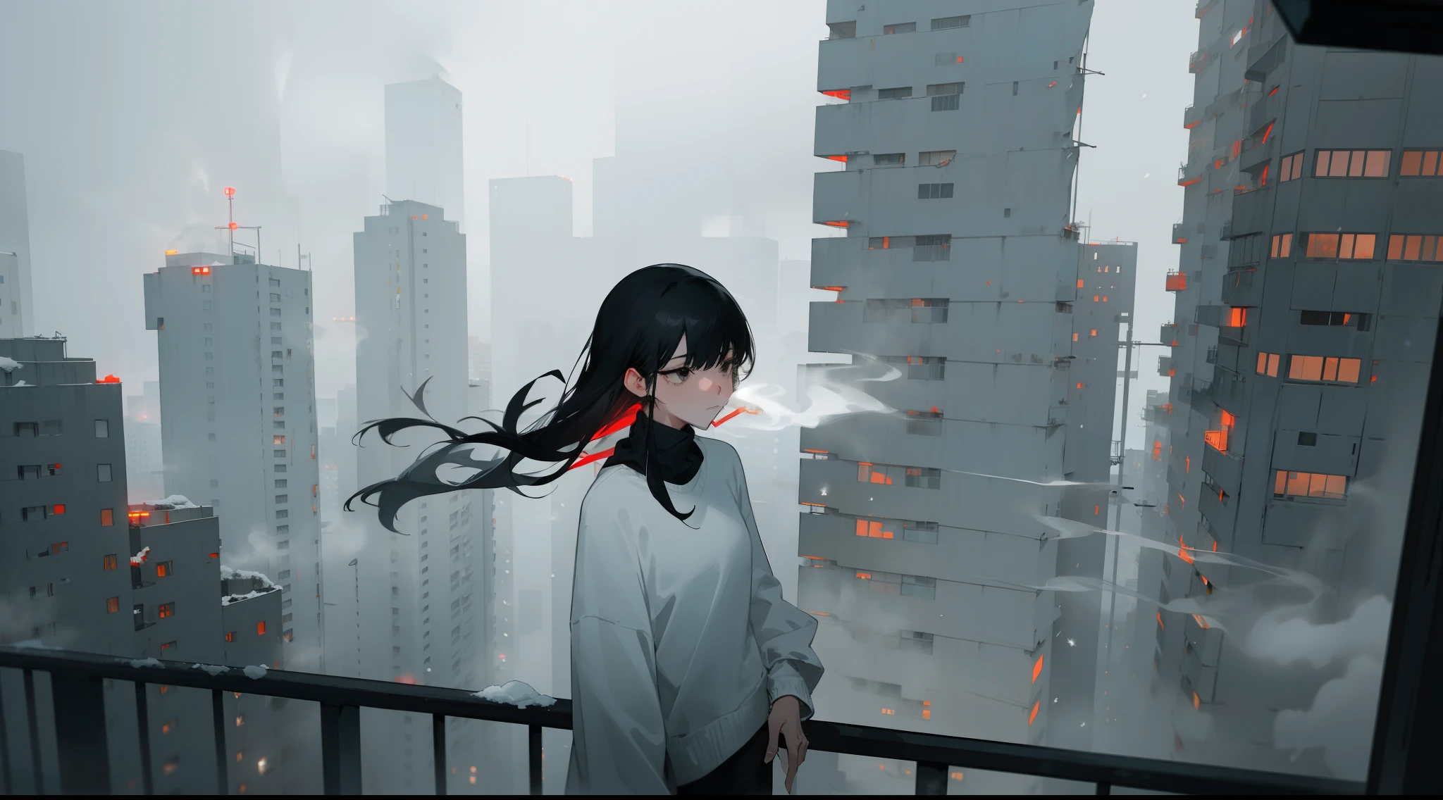 one woman, leaning on the railing of the balcony of high rise building, black hair, black eyes, wearing white sweater, alone, midnight, sad mood, ultra detail, snow, dark, smoking, bleak, sad, alone, cyberpunk, winter, snowing, foggy, far shot, cigarette, visually busy, visual clutter, cinematic, anatomically correct