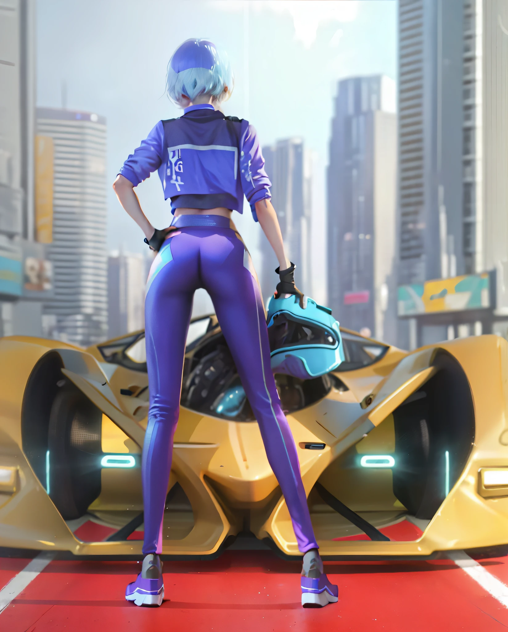 The girl in purple yoga pants is facing the front of the yellow racing car