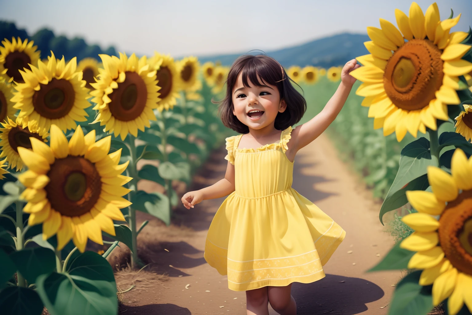 Unparalleled girl alone, massif dress,pretty,Cute and beautiful girl,europa,(big smile:1.2),cowboy shot,avant-garde string camisole dress,braided sandals,The background is a colony of sunflowers,Sunlight sparkling,realistic skin texture,low angle,a small child with realistic skin wearing a floral massif-dress, ecstasy expression, very thin thighs, in a midsommar garden with sunflowers,extremely detailed eyes and face,longeyelashes,hyperrealistic,ethereal,surreal,dramatic lighting,cinematic,natural lighting,warm color palette, insane (max best quality),(insane best details),(insane realistic),(insane masterpiece:1.2),ultra-detailed,(insane raw realistic:1.37),insane professional photorealistic,(insane photo-realistic:1.37),HDR,DSLR,studio lighting,ultra-fine real-life,ultra sharp focus,physically-based rendering,extreme detail description,professional,vivid colors,portrait,concept art,hyperrealistic,high saturate,varies,multi,etc. --v 6 --s 1000 --c 20 --q 500 --chaos 100