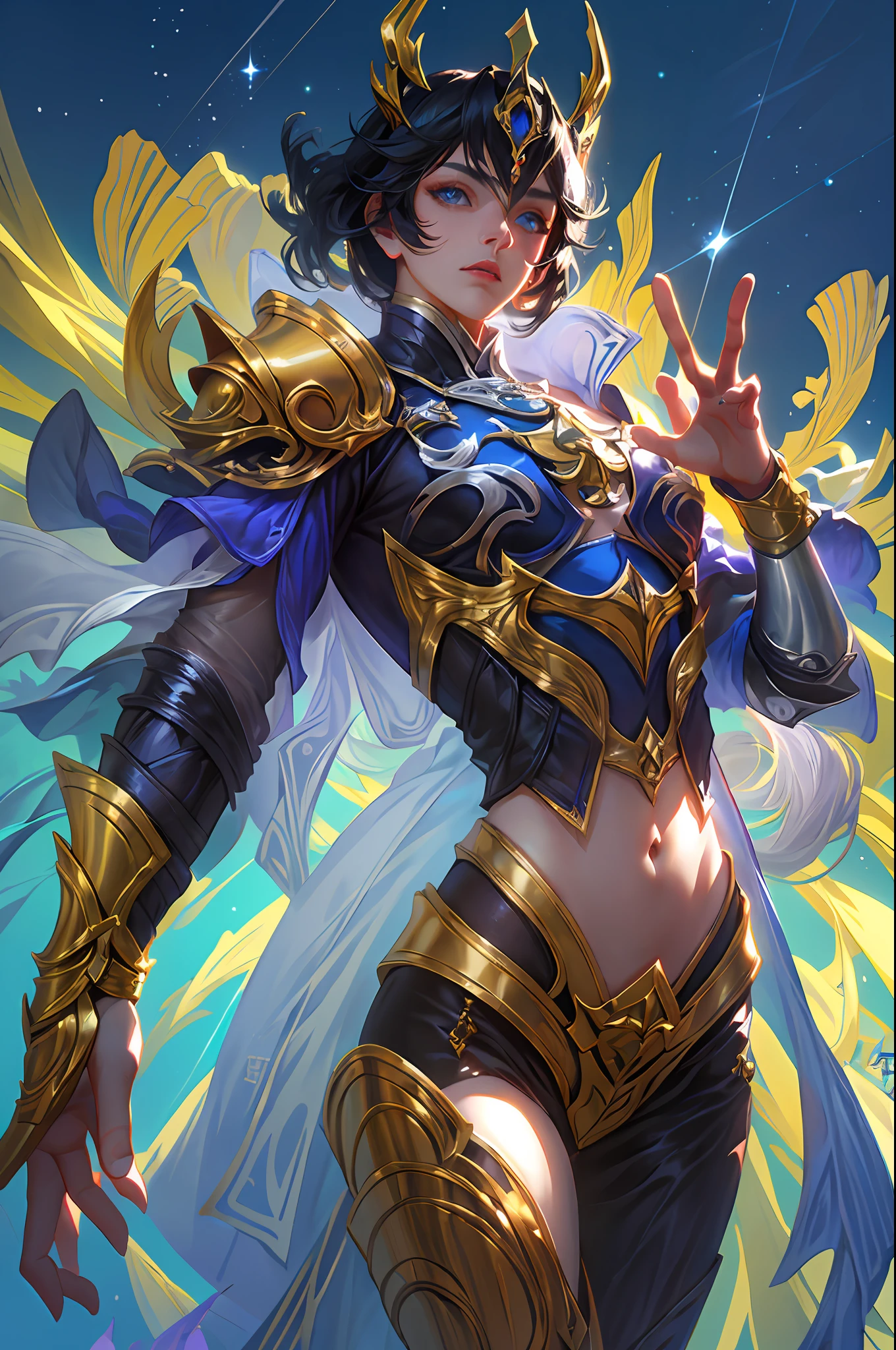 Ultra-high saturation，（tmasterpiece）， fully body photo，（best qualtiy）， （1girll）， starryskybackground，Wearing shiny gold armor， Sexy lingerie type armor，Expose your chest，Expose the waistline，Exposing thighs，cool-pose， Saint Seiya Armor， messy  hair，high detal, Anime style, Cinematic lighting, Sparkle, god light, Ray traching, filmgrain, hyper HD, textureskin, super detailing, Anatomical correct, A high resolution，Ultra-high saturation，hight contrast，High-gloss armor，Smooth skin，Serious expressions,Dark room,A medium shot of a terrifying necromancer，iintricate，high detal，dramatics