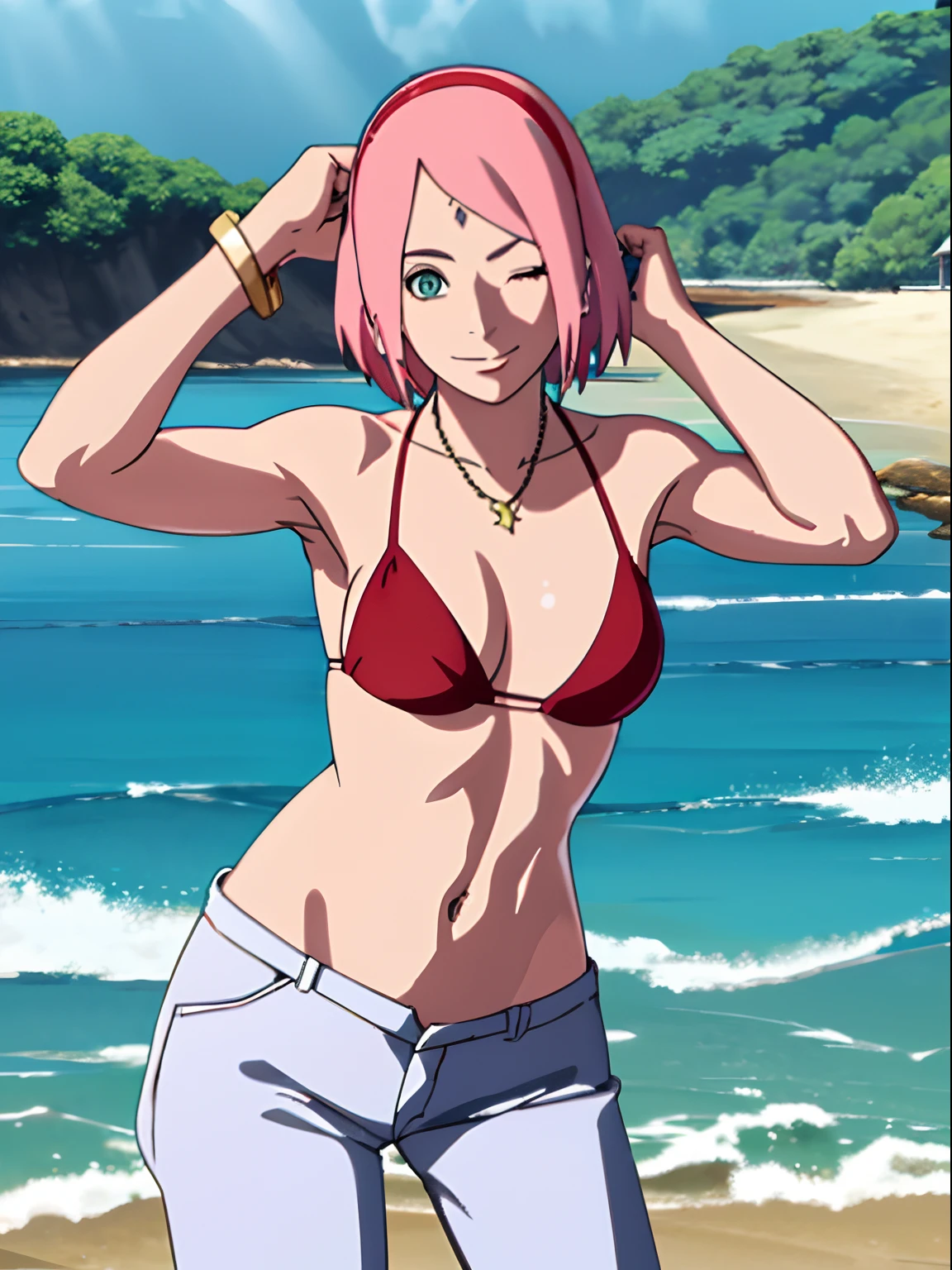 masterpiece, 4k, ultra hires, portrait, anime style, best quality, , 1girl, hires, haruno sakura, cowboy shot, professional artwork, detailed beach background, intricate details, colorful, digital blending, (ultra detailed body, ultra detail hair, ultra detail face), trending on pixiv,
kind smile, (forehead mark, milf, red hairband, pale skin, small breasts, short hair, ((red bikini, micro bikini top, bikini top only), (gold necklace), white pants), (navel, belly button, bracelet, pink hair, big eyes), smile, beach, wind, floating hair, detailed arms, off-shoulders, broad shoulders, slightly muscular arms, (dirty armpits, armpit pocket), standing, winking, one eye closed)