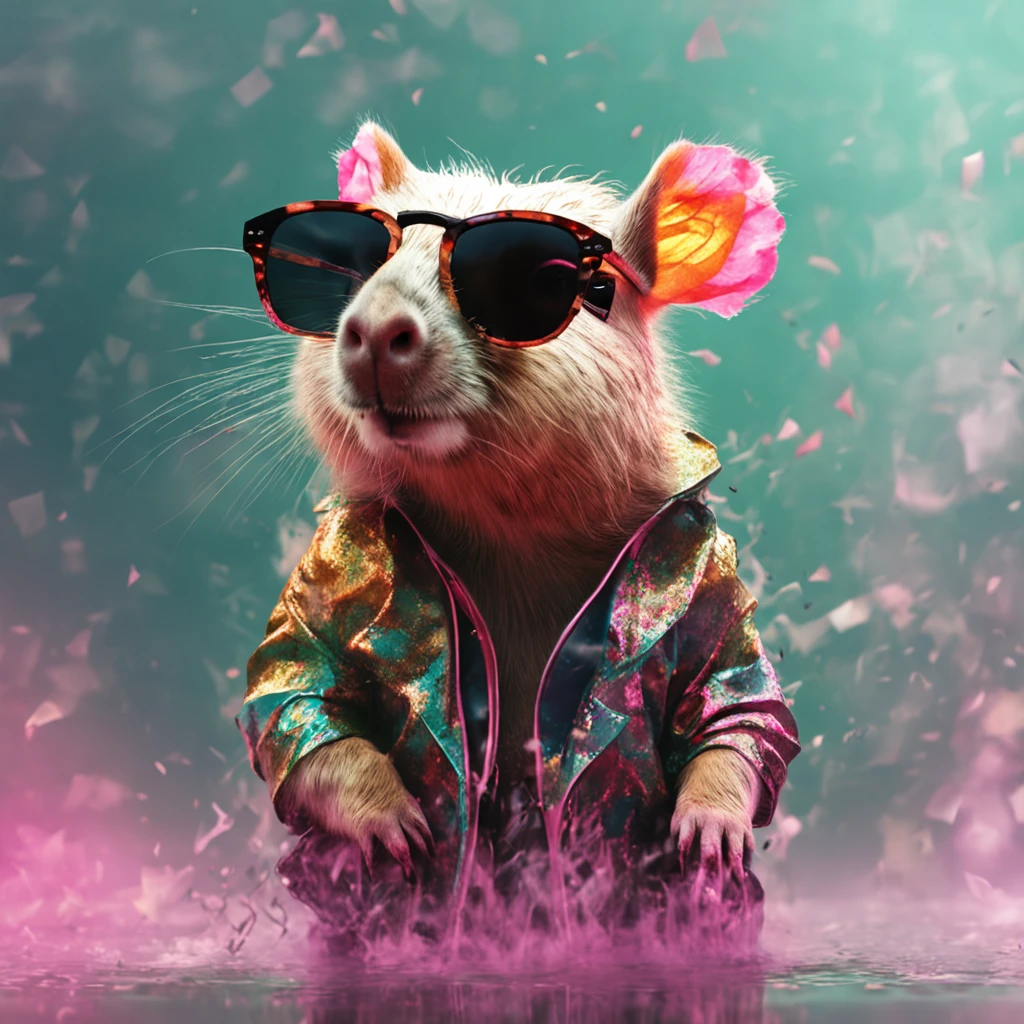 Perfect centering, Cute capybara, Wearing a jacket，crystal vases，Rose flower, Wearing sunglasses, cheerfulness, Standing position, Abstract beauty, Centered, Looking at the camera, Turn sideways to the camera, nearing perfection, Dynamic, Highly detailed, smooth, Sharp focus, 8K, high definition resolution, illustration, Art by Carne Griffiths and Wadim Kashin, White background