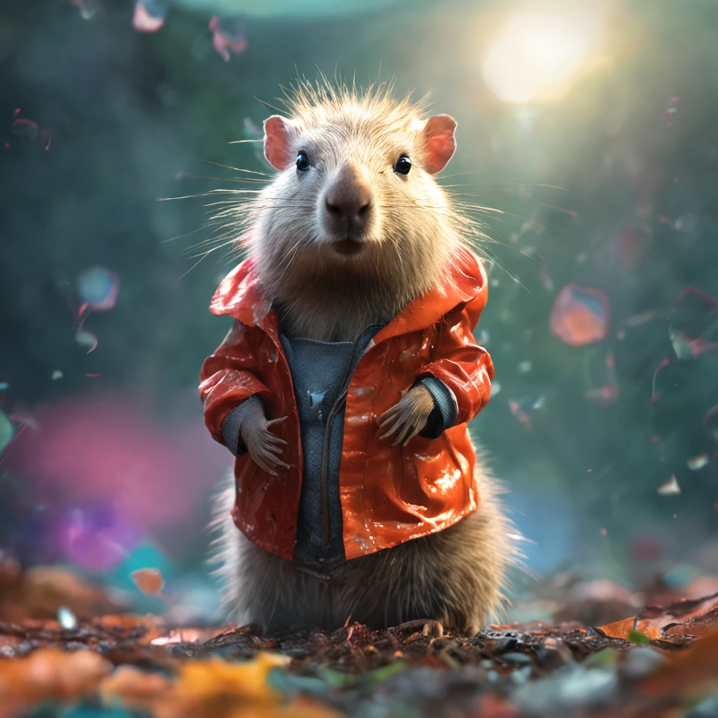 Perfect centering, Cute capybara, Wearing a jacket,crystal vases,Rose flower, Wearing sunglasses, cheerfulness, Standing position, Abstract beauty, Centered, Looking at the camera, Turn sideways to the camera, nearing perfection, Dynamic, Highly detailed, smooth, Sharp focus, 8K, high definition resolution, illustration, Art by Carne Griffiths and Wadim Kashin, White background