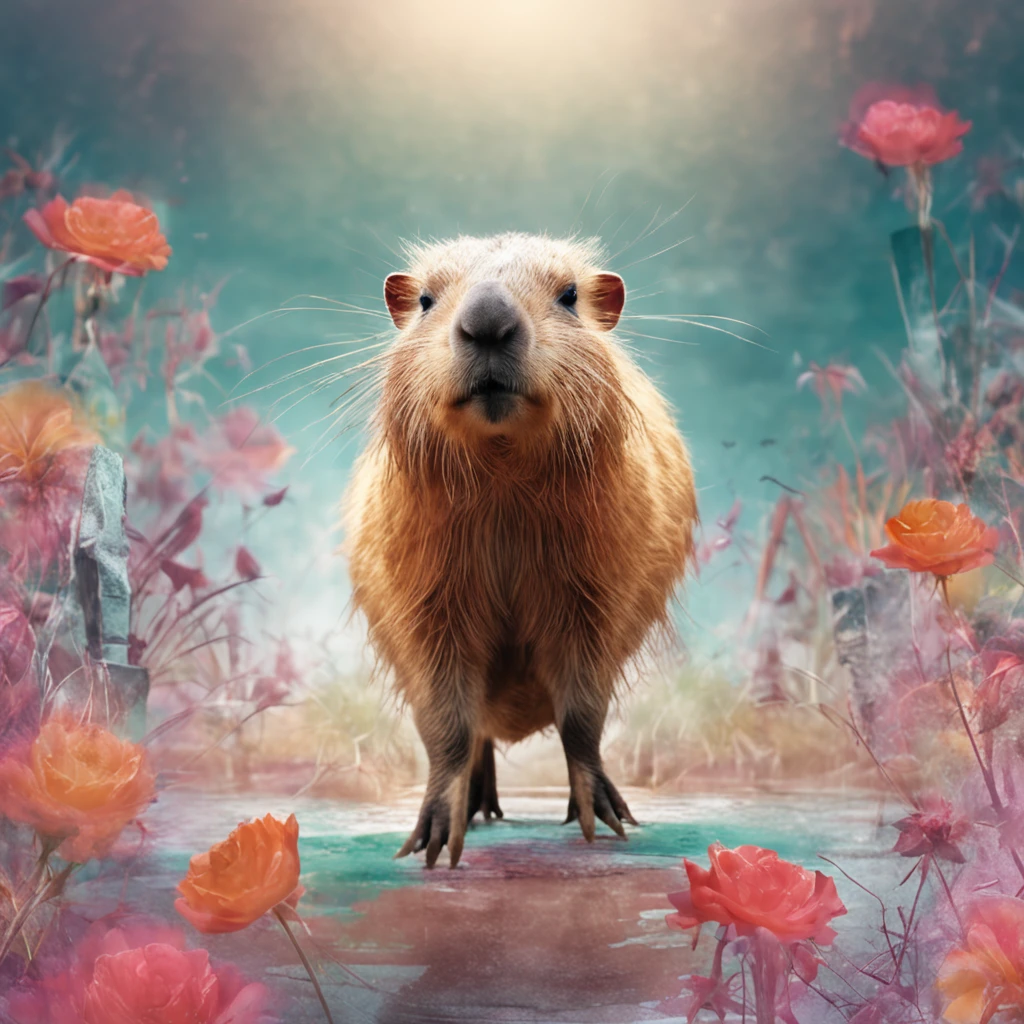 Perfect centering, Cute capybara, Wearing a jacket,crystal vases,Rose flower, Wearing sunglasses, cheerfulness, Standing position, Abstract beauty, Centered, Looking at the camera, Turn sideways to the camera, nearing perfection, Dynamic, Highly detailed, smooth, Sharp focus, 8K, high definition resolution, illustration, Art by Carne Griffiths and Wadim Kashin, White background