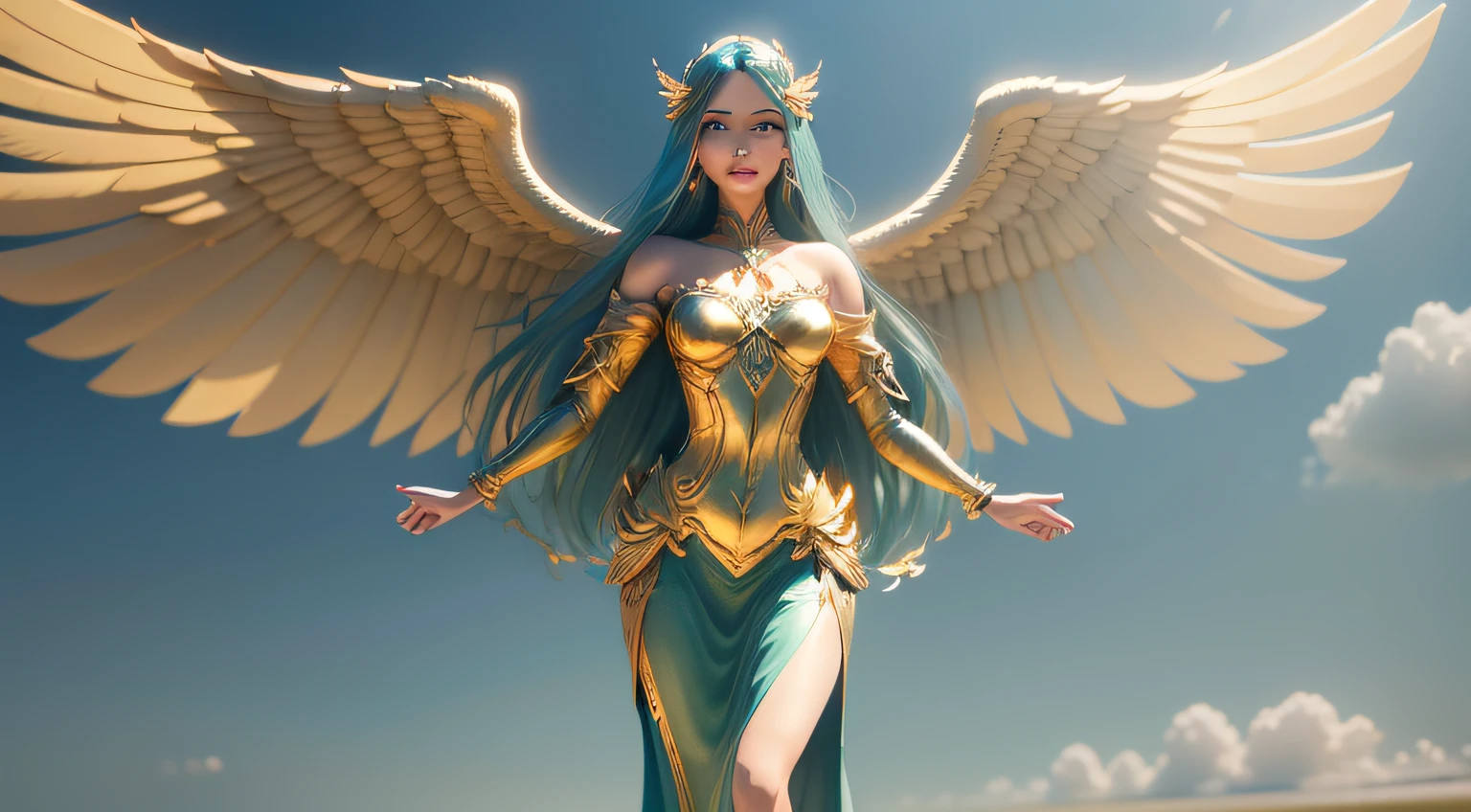 Woman with golden wings，Beautiful and delicate woman face，Long, waist-length hair，largeeyes，Small lips，perfect bodies，Full body like，Extremely detailed 3D animations，symmetrically centered，Angels come，Green meadow blue sky background，Color octane rendering, Pixar style，Delicate and delicate，4K，