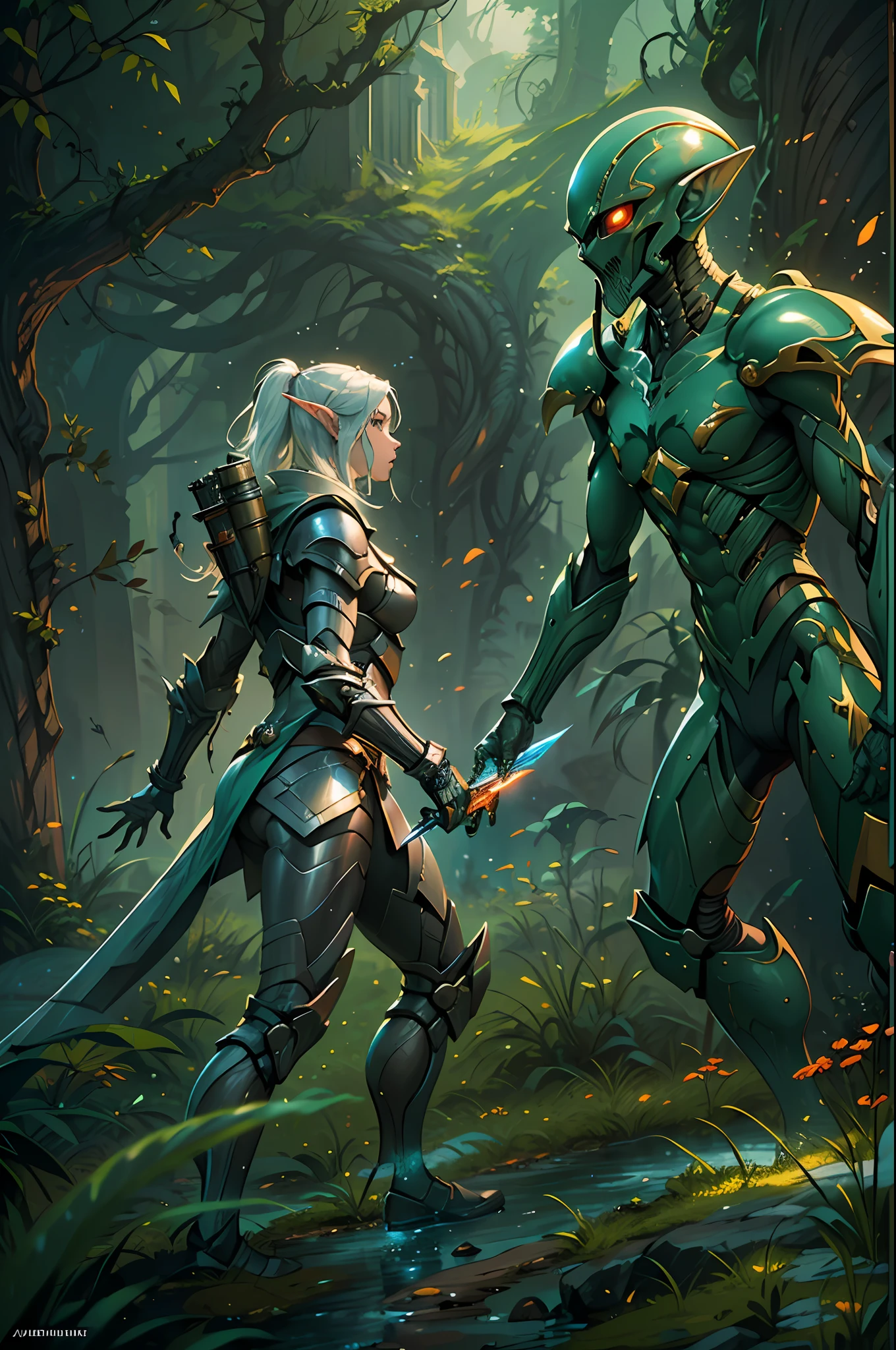 high details, best quality, 16k, [ultra detailed], masterpiece, best quality, (extremely detailed), full body, ultra wide shot, photorealistic, fantasy art, rpg art, sci fi art, realistic art, a wide angle, (((anatomically correct))), fantasy art, sci fi art, a green skined alien fighting an elf fantasy warrior, science fiction against fantasy, a battle between alien and an elf, alien fighting a fantasy elf (((1)) medium sized alien, a creature from outer space, alien (intense details, Masterpiece, best quality) with green skin, wearing mech armor reelmech, armed with laser gun, fighting (((1))) female fantasy elf knight (intense details, Masterpiece, best quality), wearing elven armor LnF elven armor, armed with a sword, fantasy agains sci fi, fantasy forest background, dynamic light, High Detail, Ultra High Quality, High Resolution, 16K Resolution, Ultra HD Pictures, Ultra Realistic, Clear Details, Realistic Detail, Ultra High Definition