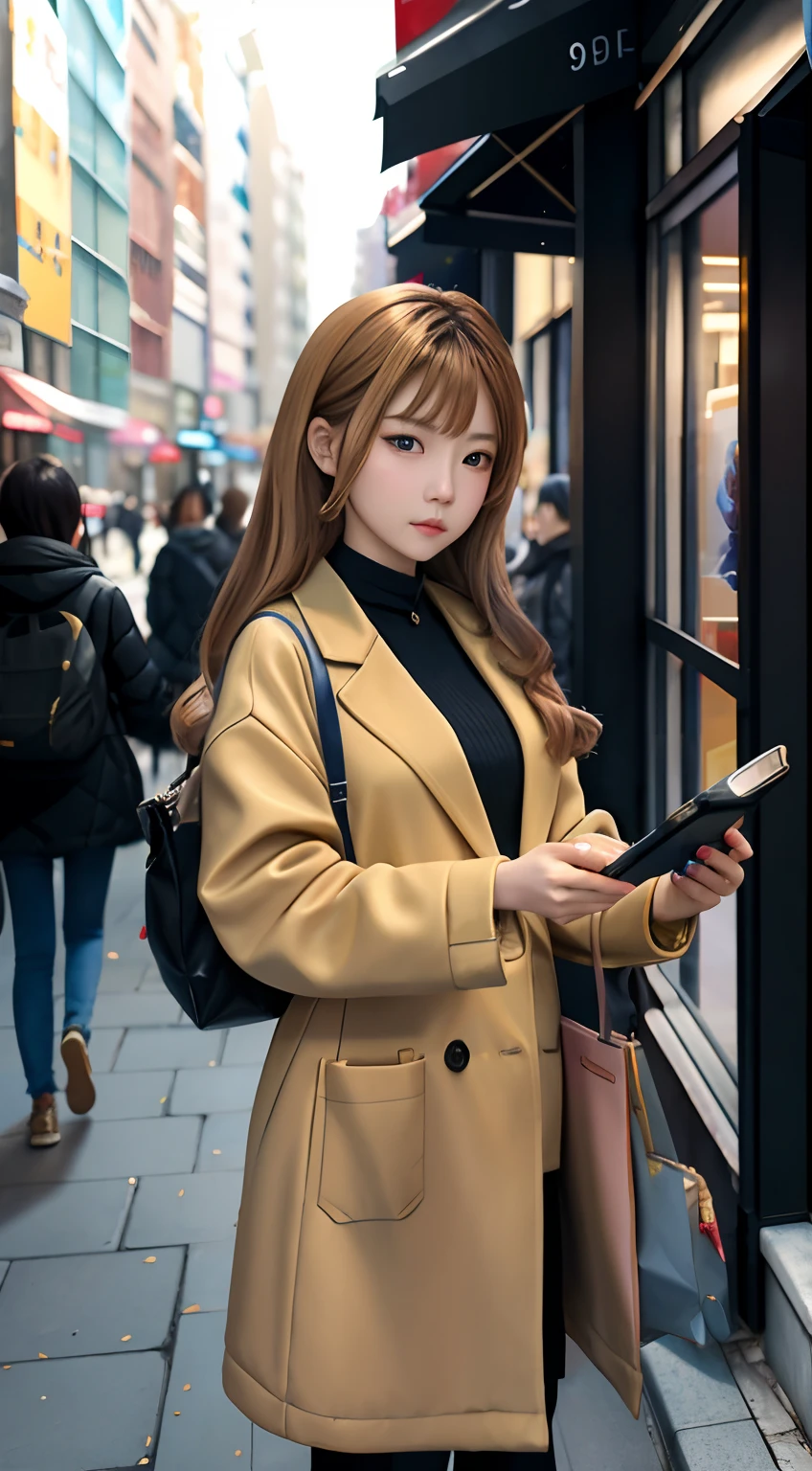 Woman in beige coat standing on busy street looking at her phone, Guviz-style artwork, Realistic. Cheng Yi, Anime girl in real life, yanjun cheng, Realistic cute girl painting, she is holding a smartphone, portrait of a japanese teen, 8k selfie photograph, inspired by Yanjun Cheng, Surrealism female students