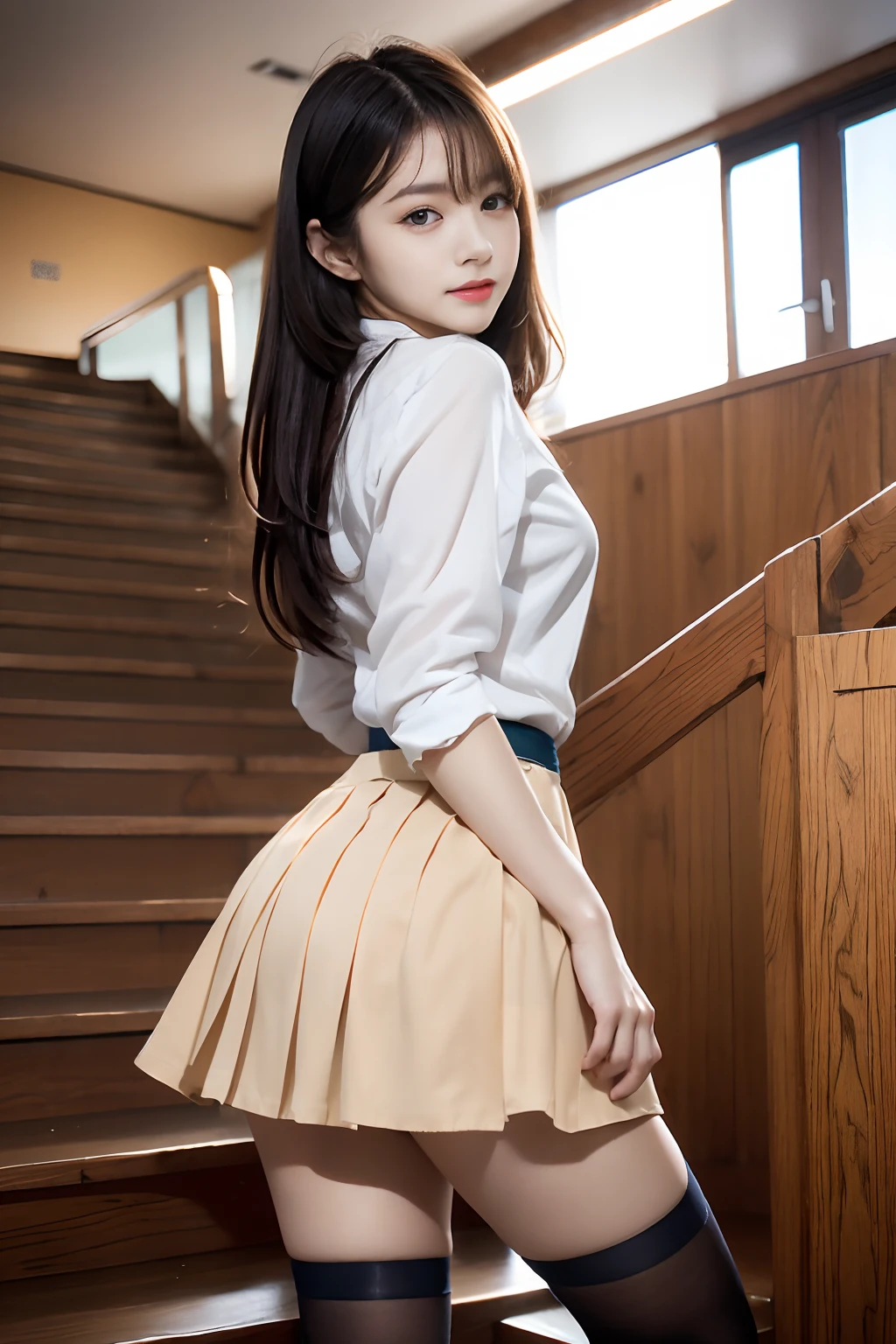 Top image quality、8K、Photorealsitic、Japan woman in skirt and tights posing on stairs, ((Dark blue skirt made of shiny rayon material、Shiny shirt)), (Very well-formed face)(A detailed face)(Beauty with constriction)Realistic Young Gravure Idol, wearing skirt, Young Pretty Gravure Idol, white silky outfit, Young Sensual Gravure Idol, thighhighs and skirt, Cute elegant pose, wearing japanese school uniform, japanese girl school uniform, sakimichan hdri, 、glowing thigh、
